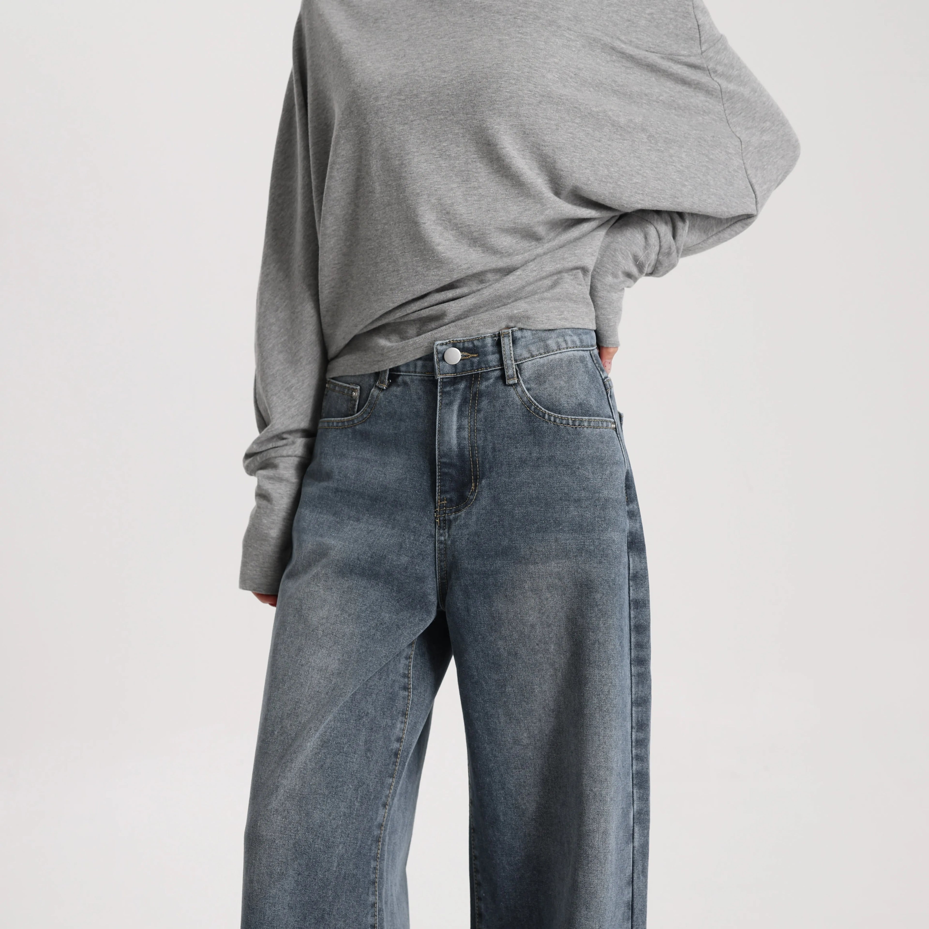 Women Vintage Style Denim Wide Leg Pants High Waist Loose Simple Casual Trousers Daily Wear Washable Breathable