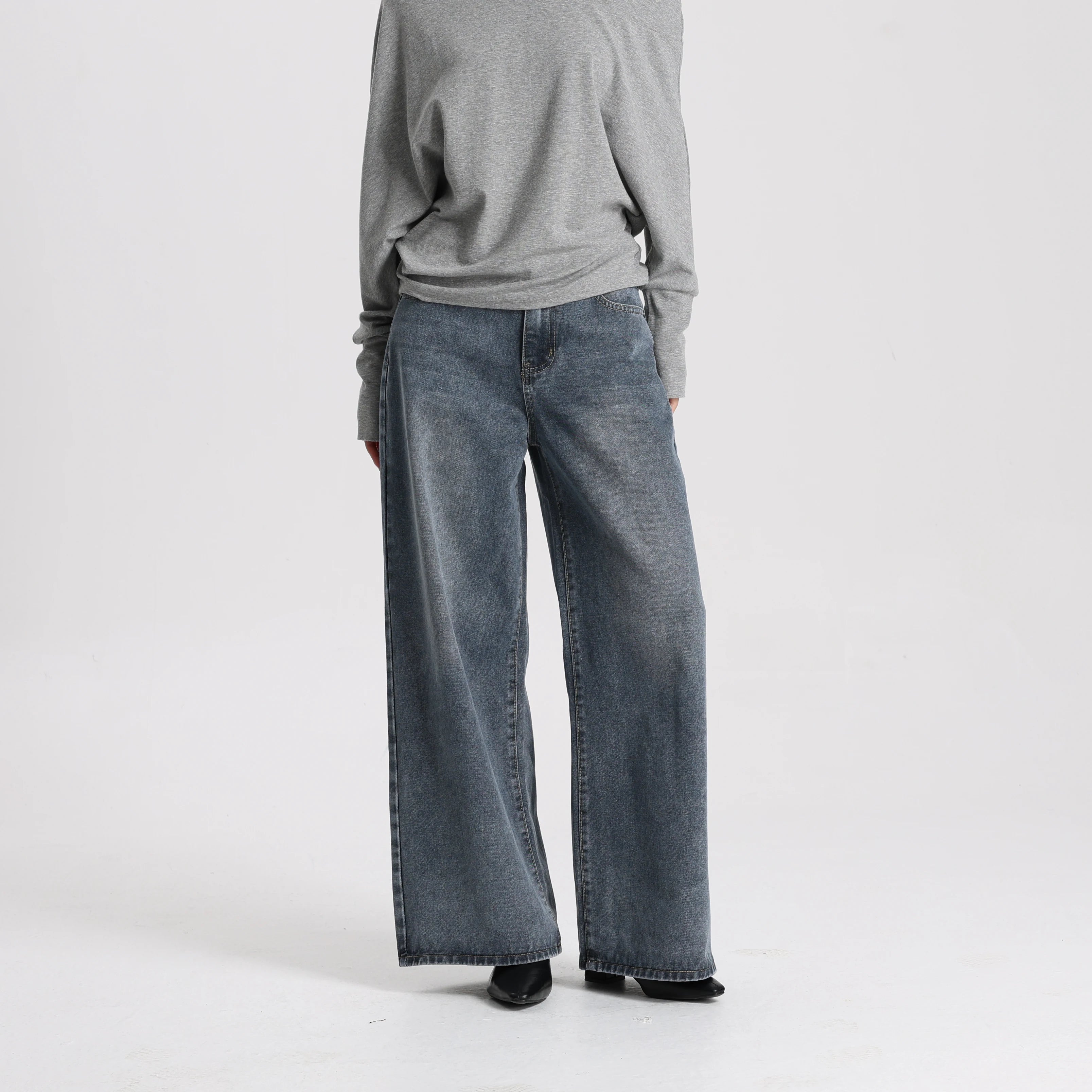 Women Vintage Style Denim Wide Leg Pants High Waist Loose Simple Casual Trousers Daily Wear Washable Breathable