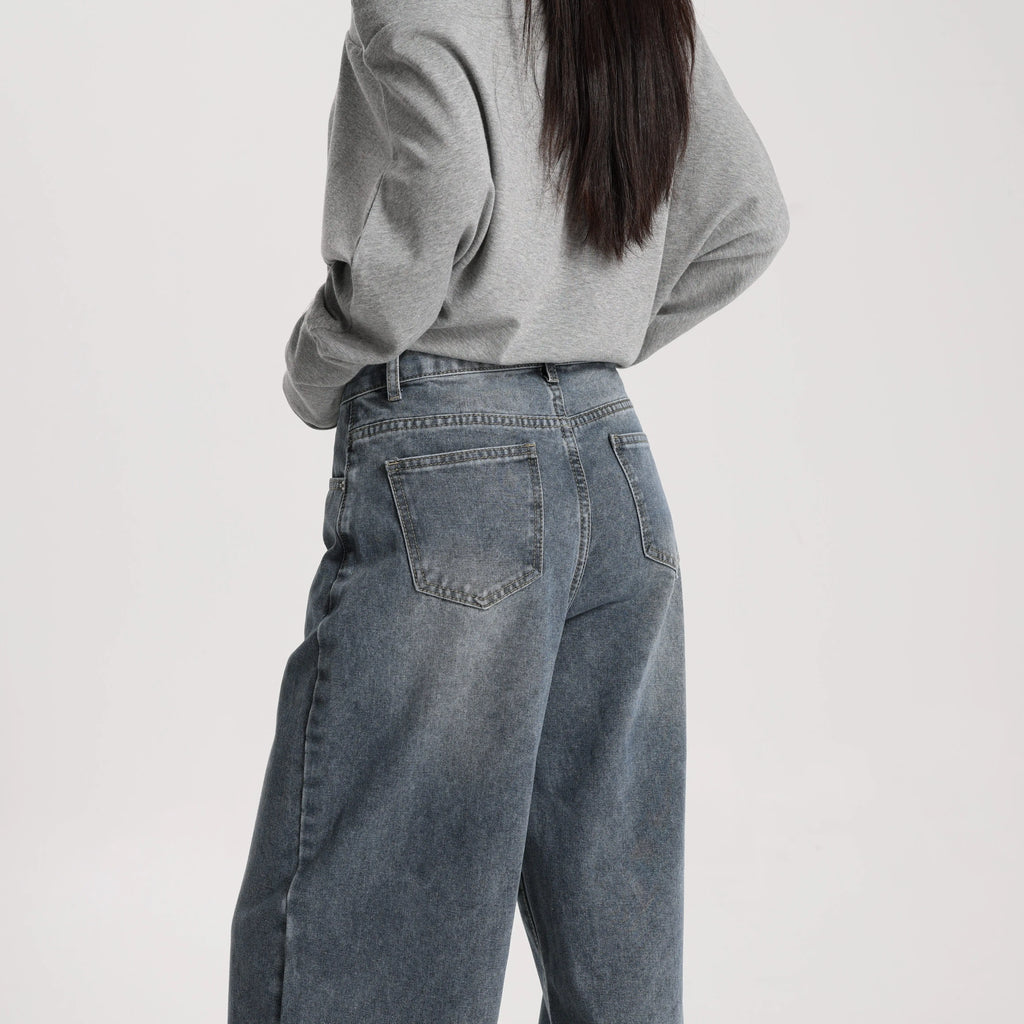 Women Vintage Style Denim Wide Leg Pants High Waist Loose Simple Casual Trousers Daily Wear Washable Breathable