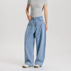 Women Light Blue Barrel Leg Denim Jeans Mid Rise Relaxed Fit Vintage Style Trendy Streetwear Pants
