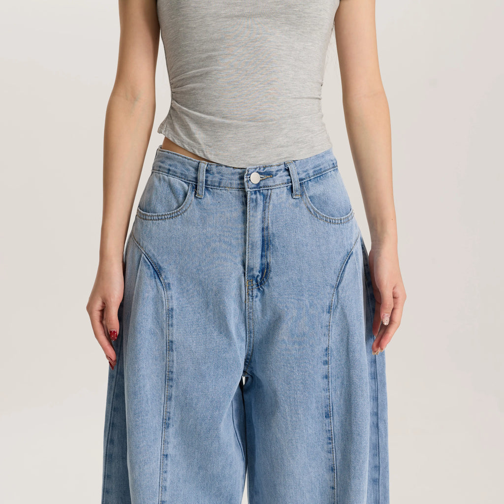 Women Light Blue Barrel Leg Denim Jeans Mid Rise Relaxed Fit Vintage Style Trendy Streetwear Pants