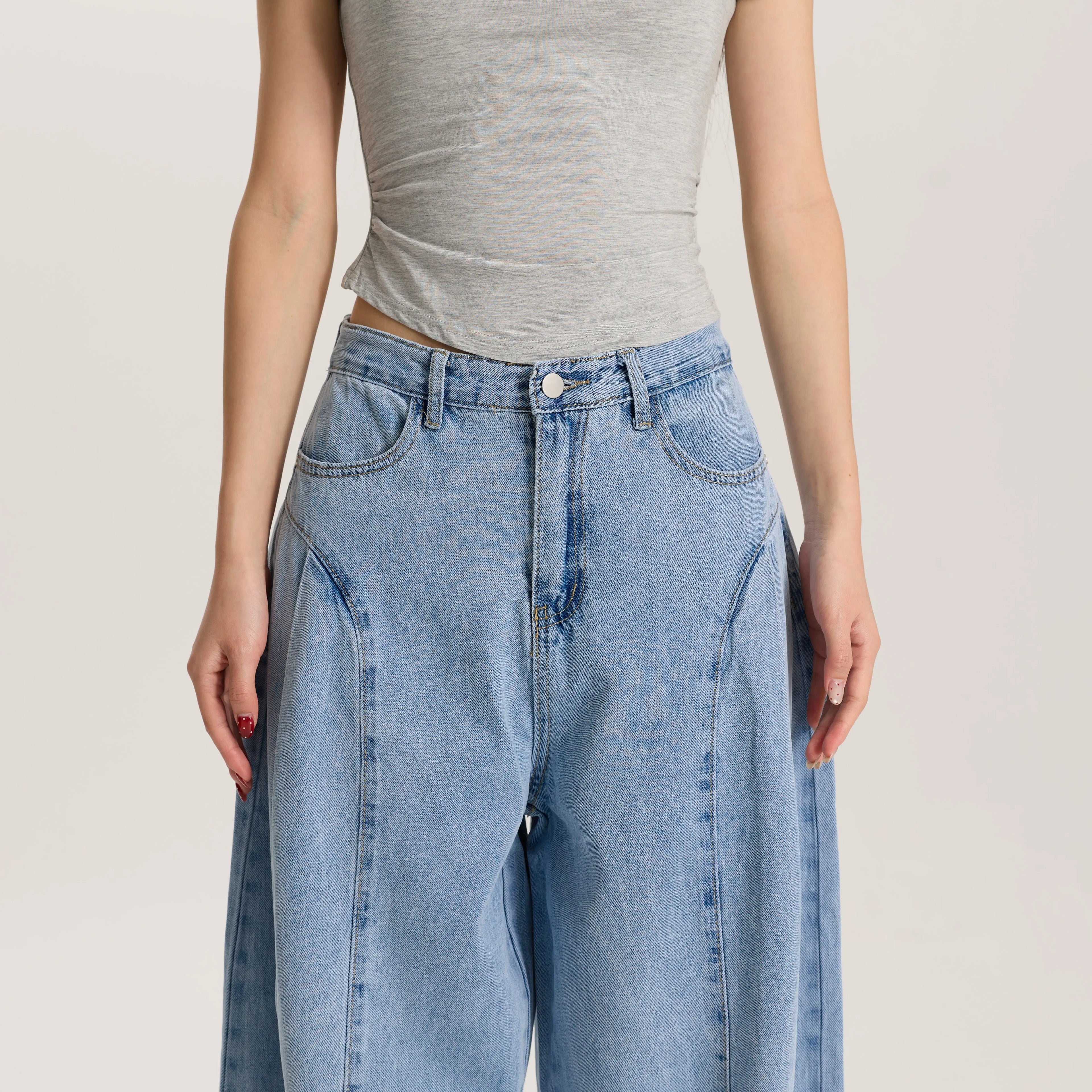 Women Light Blue Barrel Leg Denim Jeans Mid Rise Relaxed Fit Vintage Style Trendy Streetwear Pants
