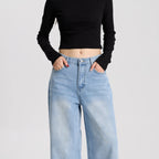 High Quality Vintage Women Wide Leg Denim Pants High Waist Loose Fit Casual Jeans Breathable Daily Wear Denim Blue Washed Blue