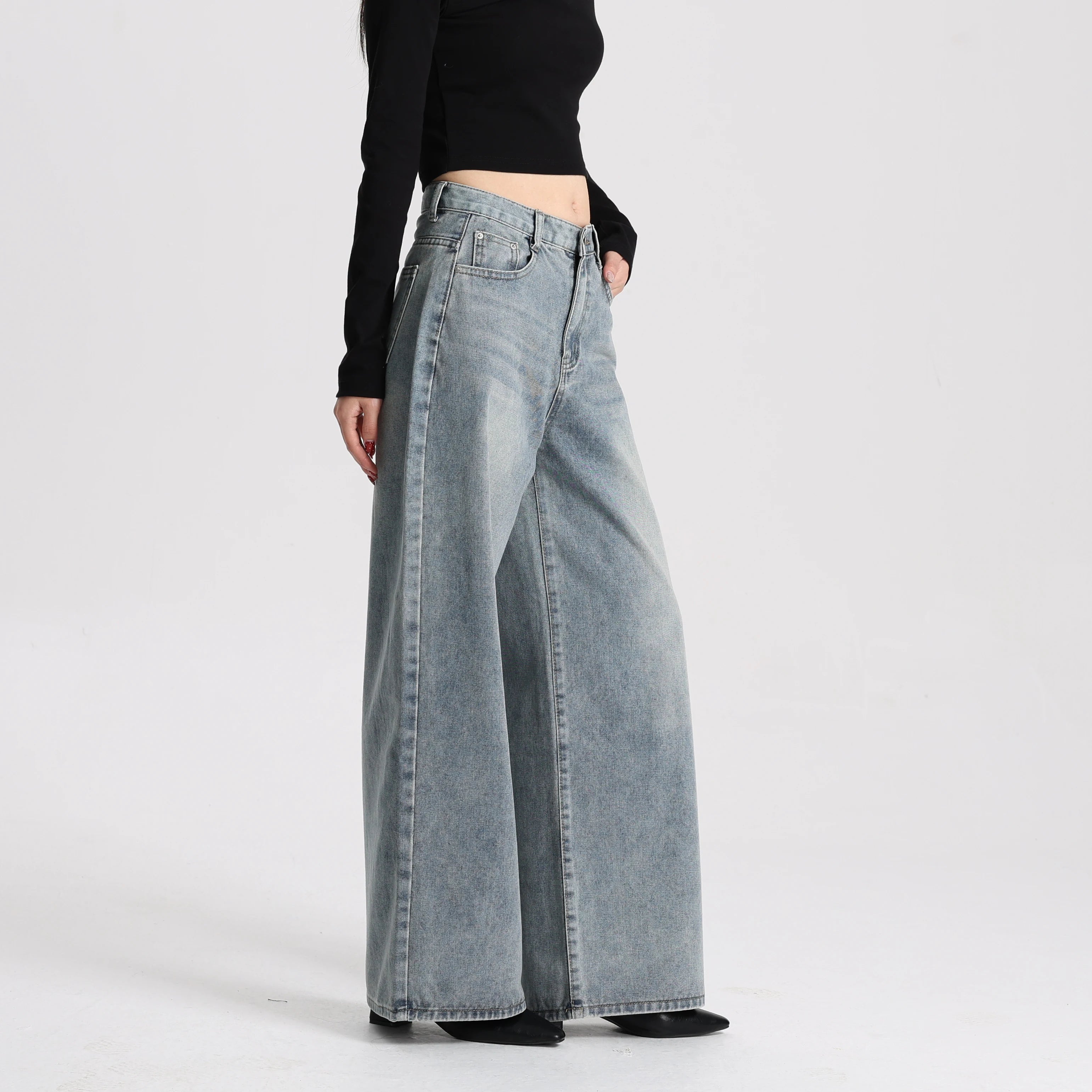 High Quality Women High Rise Loose Fit Wide Leg Casual Vintage Style Trousers Daily Wear