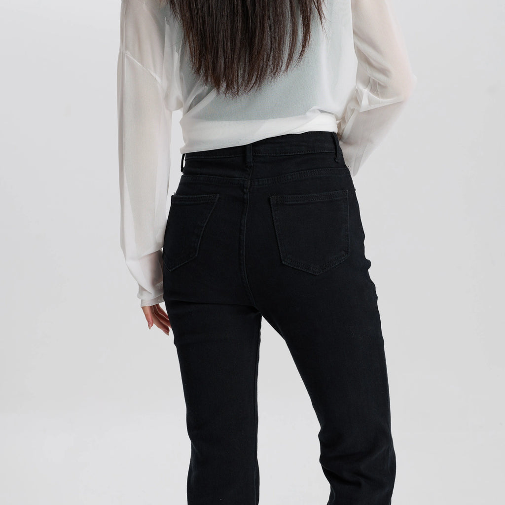 Women Black Stretch Flare Jeans High Waist Slim Fit Casual Vintage Comfortable Elastic Fabric Pants
