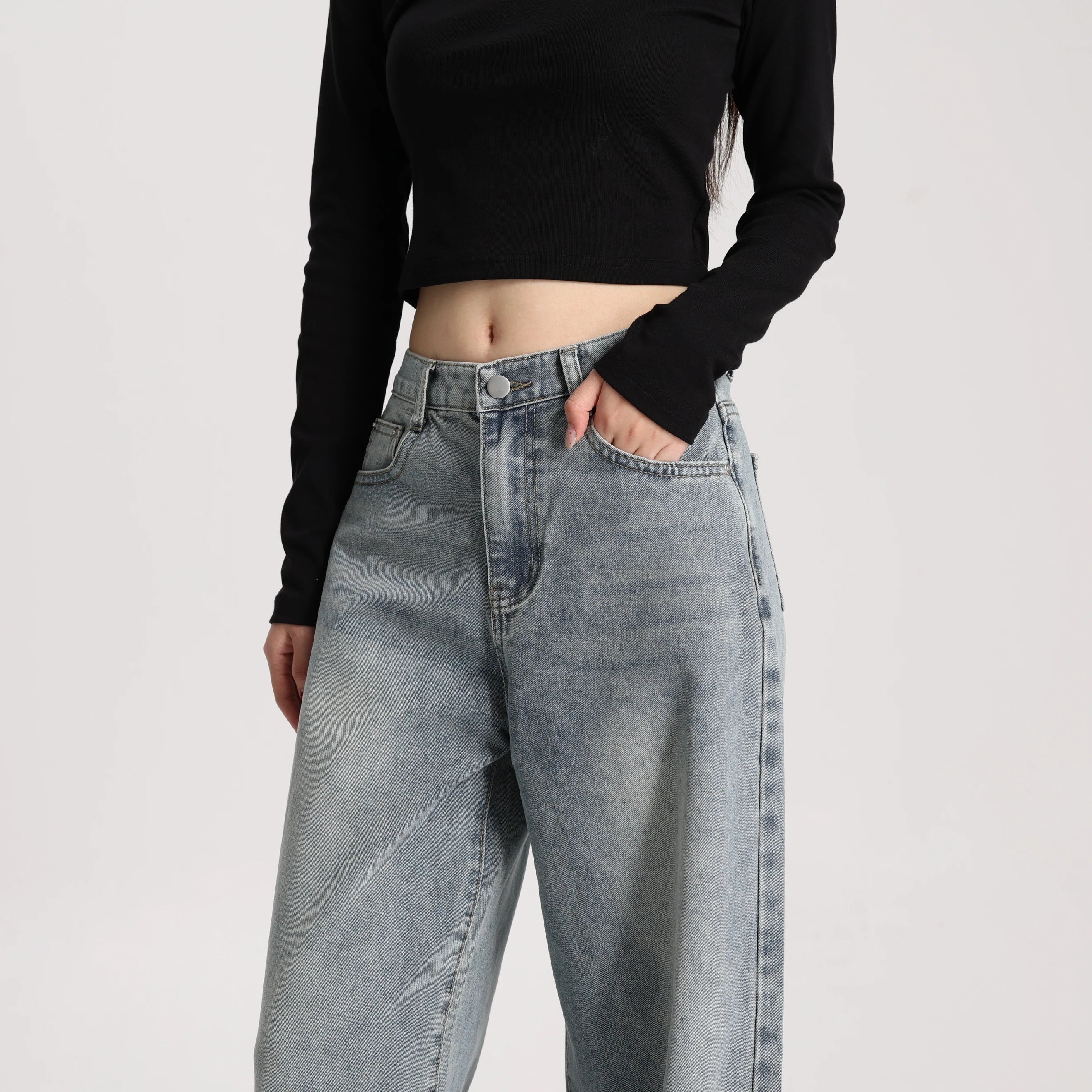 High Quality Women High Rise Loose Fit Wide Leg Casual Vintage Style Trousers Daily Wear
