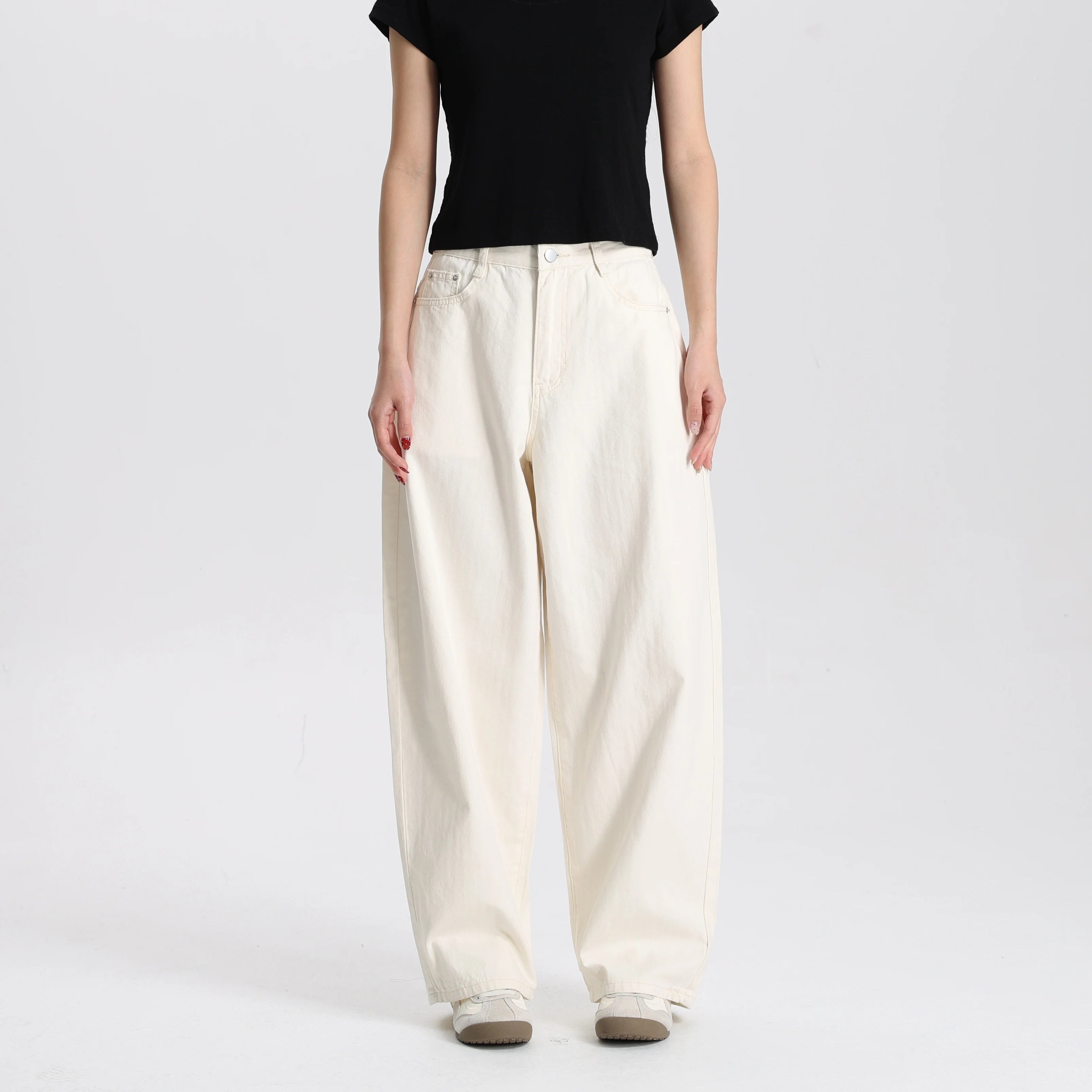 Women High Waist Barrel Pants Cotton Dyed Fabric Wide Leg Loose Casual Comfortable Vintage Style Ready Stock OEM