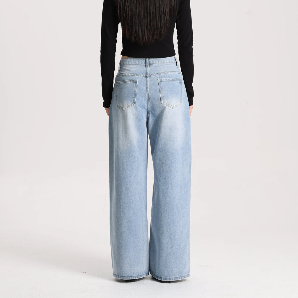 High Quality Vintage Women Wide Leg Denim Pants High Waist Loose Fit Casual Jeans Breathable Daily Wear Denim Blue Washed Blue