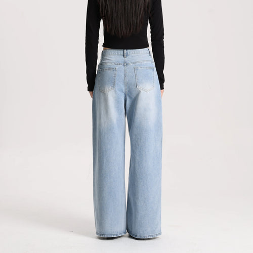 High Quality Vintage Women Wide Leg Denim Pants High Waist Loose Fit Casual Jeans Breathable Daily Wear Denim Blue Washed Blue