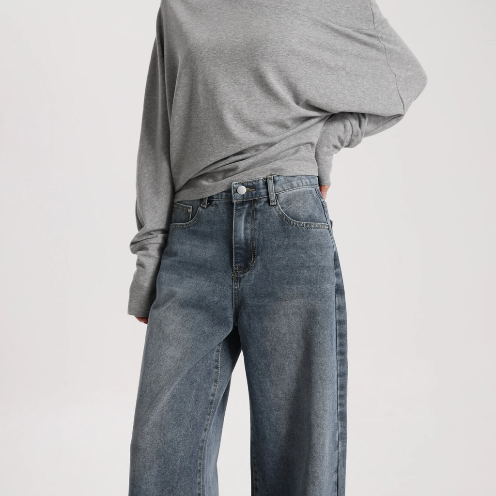 Women Vintage Style Denim Wide Leg Pants High Waist Loose Simple Casual Trousers Daily Wear Washable Breathable