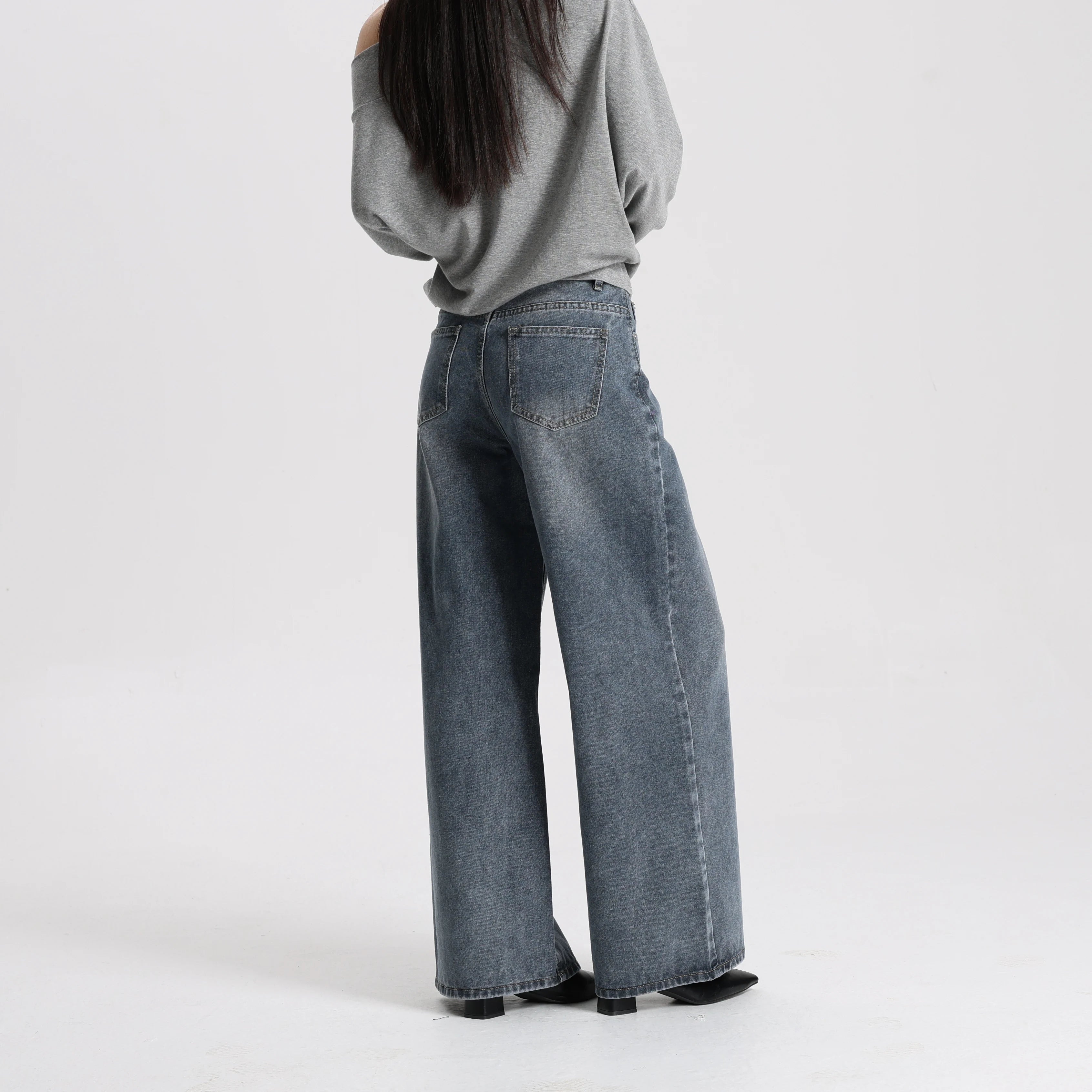Women Vintage Style Denim Wide Leg Pants High Waist Loose Simple Casual Trousers Daily Wear Washable Breathable
