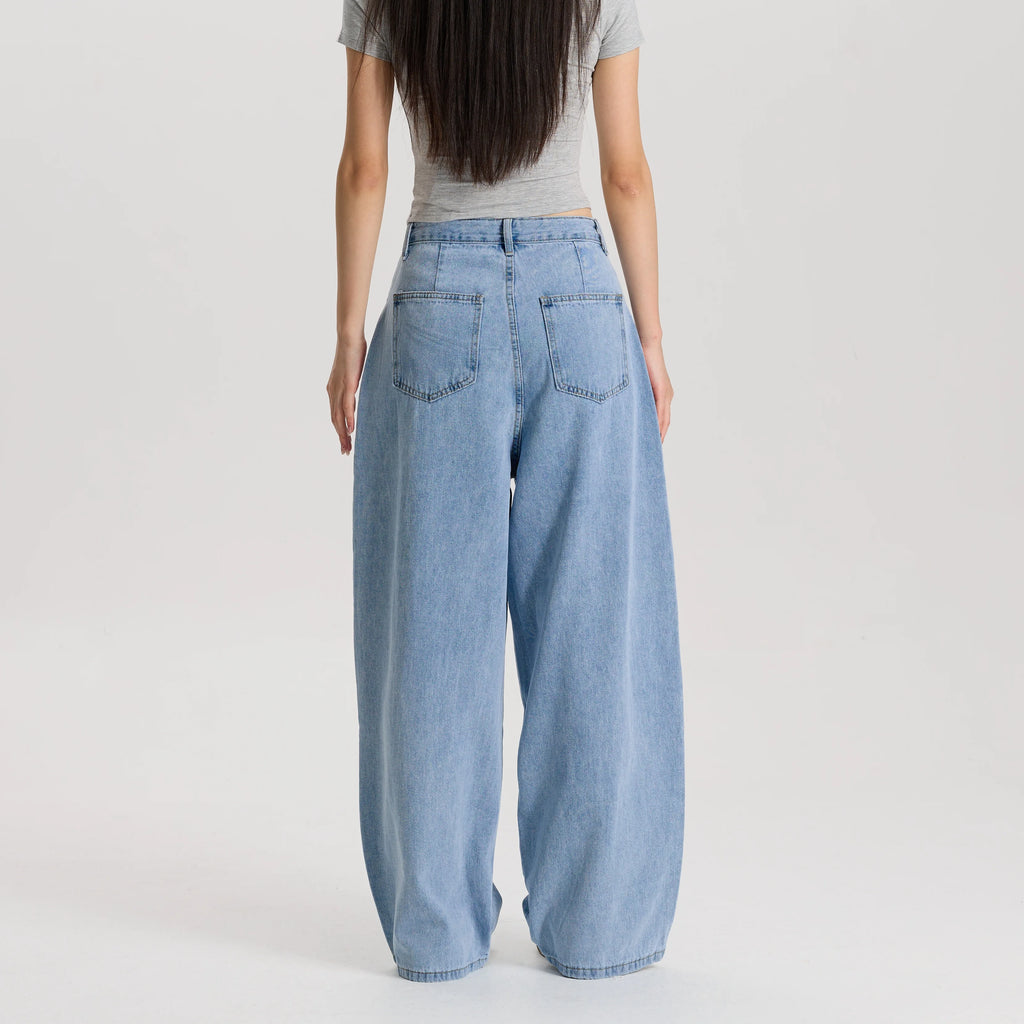 Women Light Blue Barrel Leg Denim Jeans Mid Rise Relaxed Fit Vintage Style Trendy Streetwear Pants