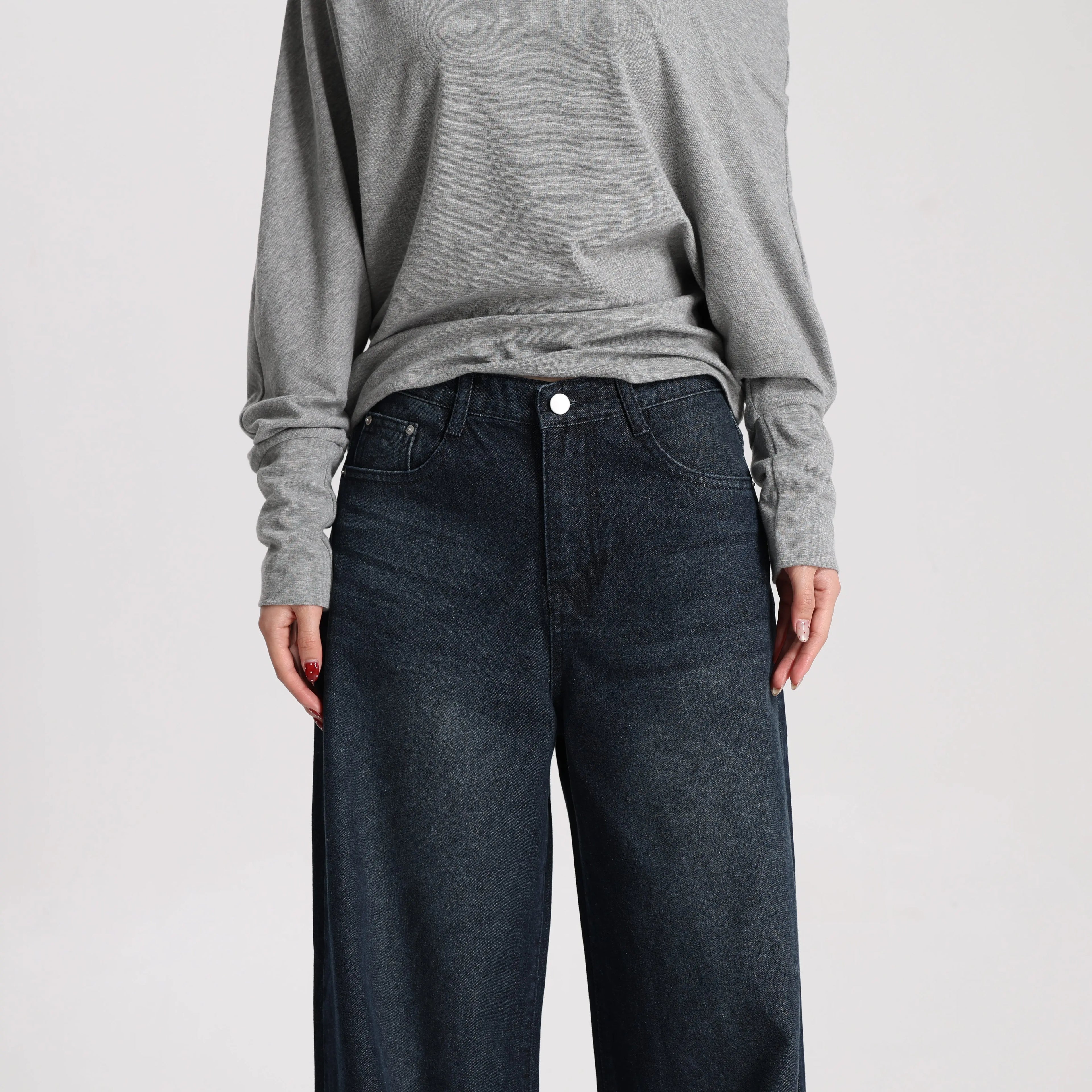 Women Vintage Style Denim Wide Leg Pants High Waist Loose Simple Casual Trousers Daily Wear