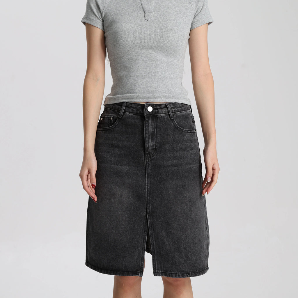 Women Washed Black Denim A-Line Mini Skirt Mid Waist Casual Vintage Style High Quality Fashion Skirt