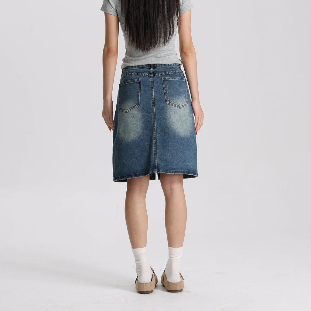 Women Medium Blue Denim A-Line Mini Skirt Mid Waist Casual Vintage Style High Quality Fashion Skirt