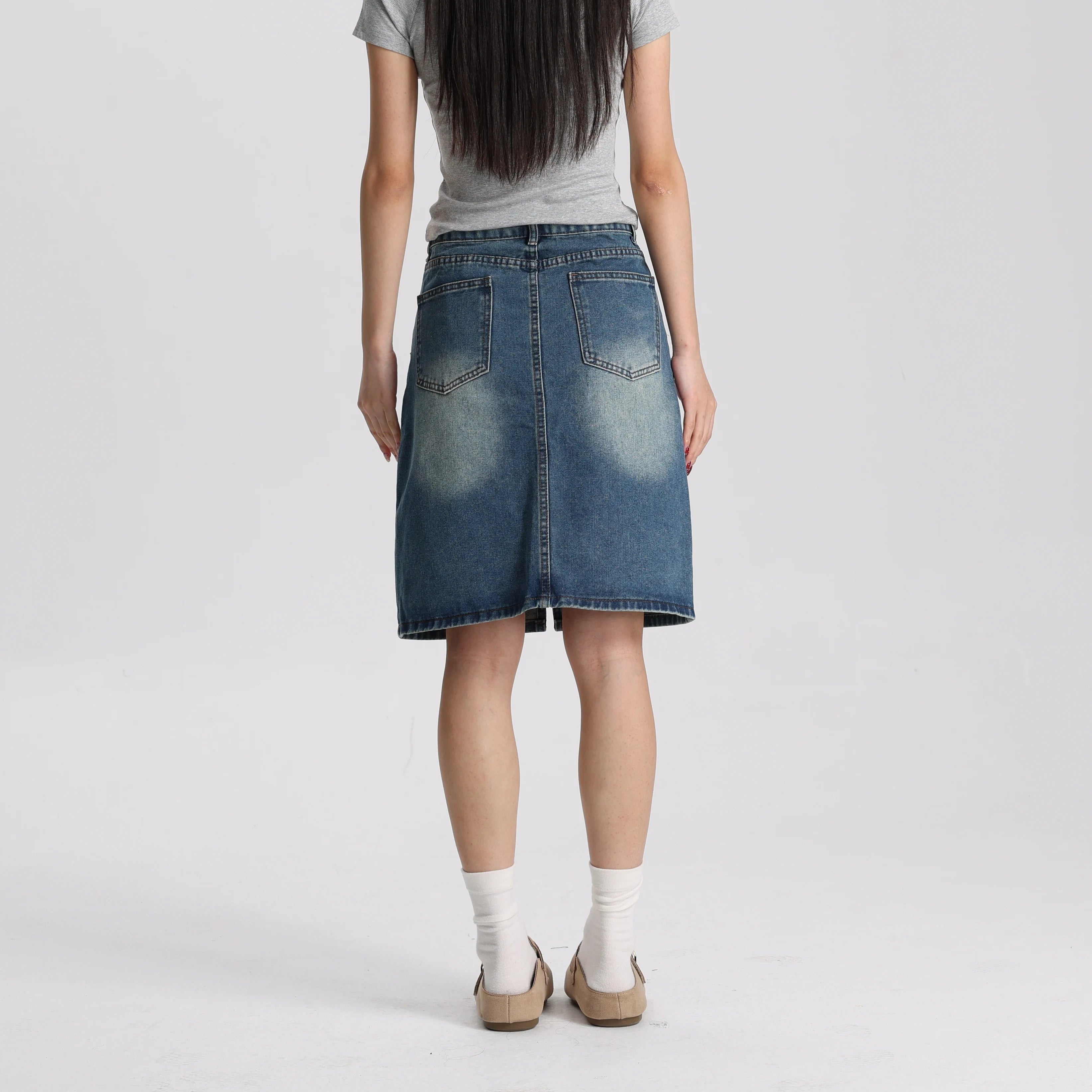 Women Medium Blue Denim A-Line Mini Skirt Mid Waist Casual Vintage Style High Quality Fashion Skirt
