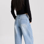 High Quality Vintage Women Wide Leg Denim Pants High Waist Loose Fit Casual Jeans Breathable Daily Wear Denim Blue Washed Blue