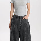 Women Vintage Washed Black Denim Pants Barrel Leg Mid Rise Relaxed Fit Trendy Street Style Jeans High Quality