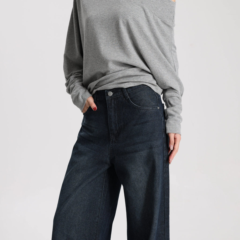 Women Vintage Style Denim Wide Leg Pants High Waist Loose Simple Casual Trousers Daily Wear