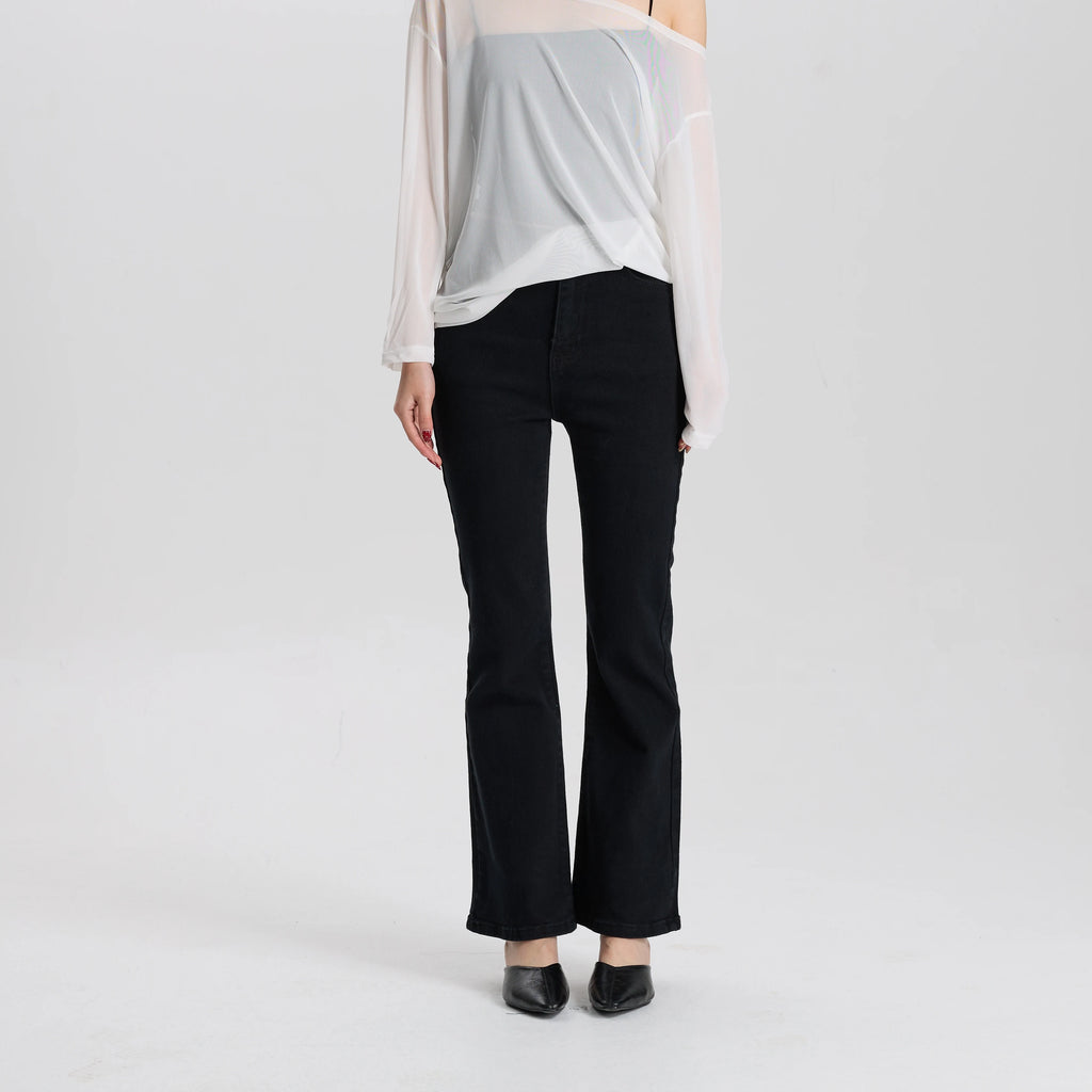 Women Black Stretch Flare Jeans High Waist Slim Fit Casual Vintage Comfortable Elastic Fabric Pants