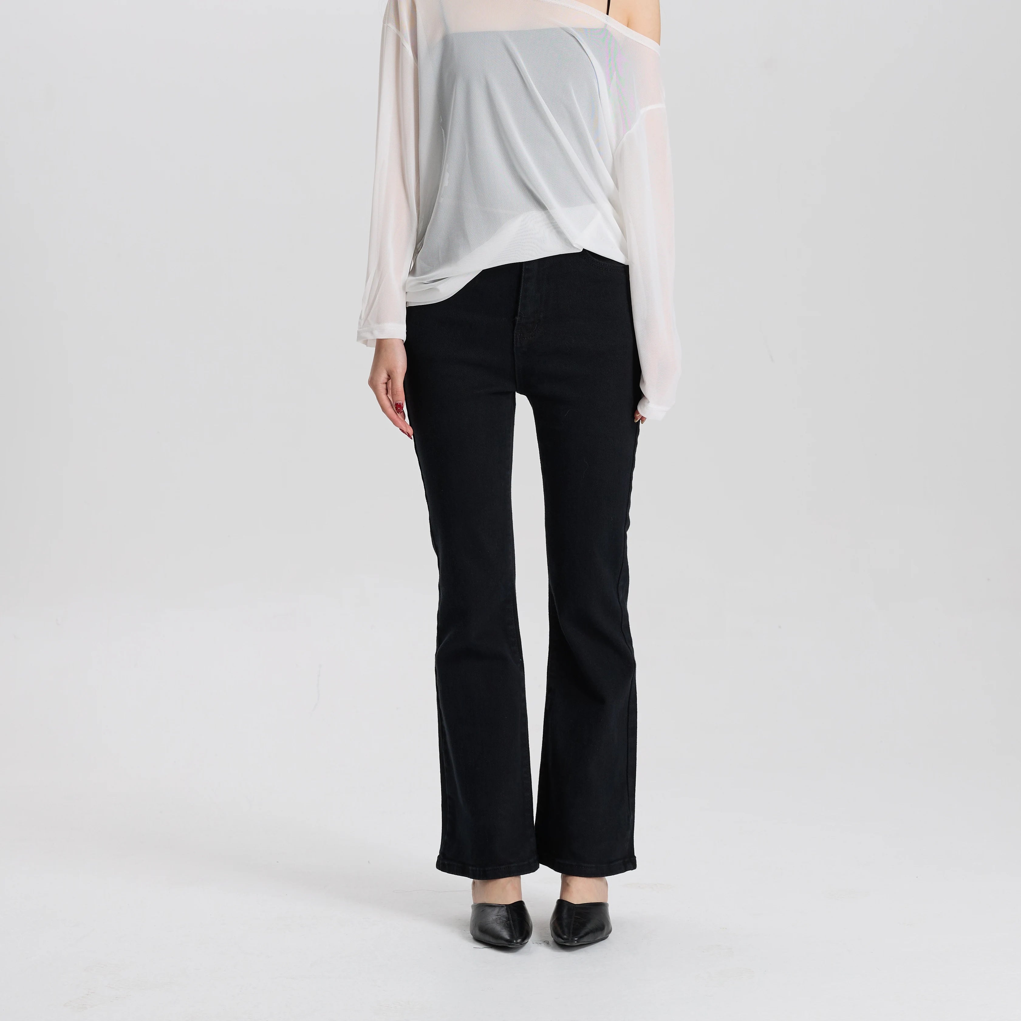 Women Black Stretch Flare Jeans High Waist Slim Fit Casual Vintage Comfortable Elastic Fabric Pants