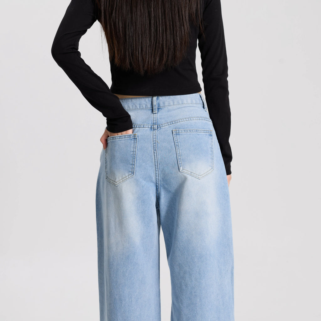 High Quality Vintage Women Wide Leg Denim Pants High Waist Loose Fit Casual Jeans Breathable Daily Wear Denim Blue Washed Blue