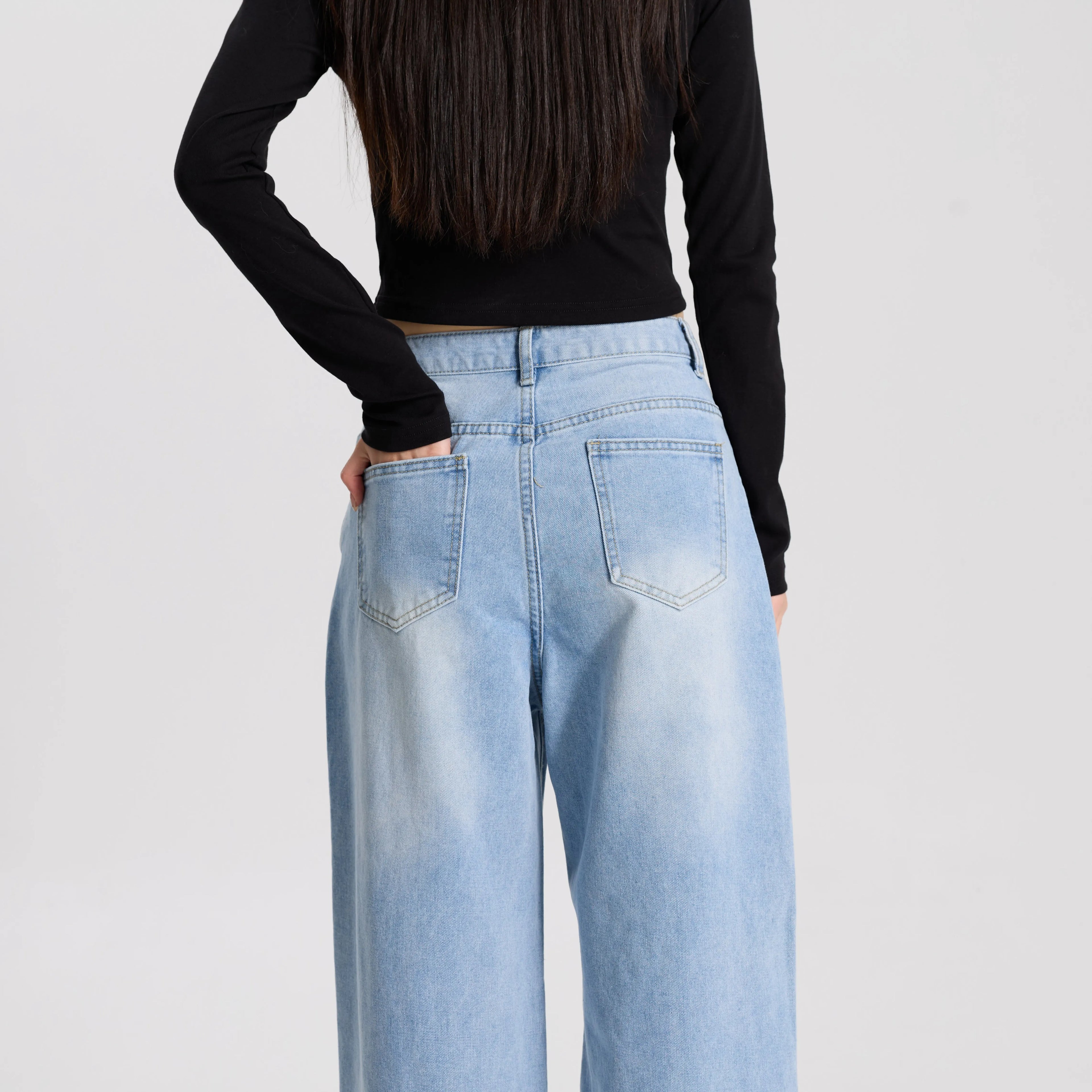 High Quality Vintage Women Wide Leg Denim Pants High Waist Loose Fit Casual Jeans Breathable Daily Wear Denim Blue Washed Blue