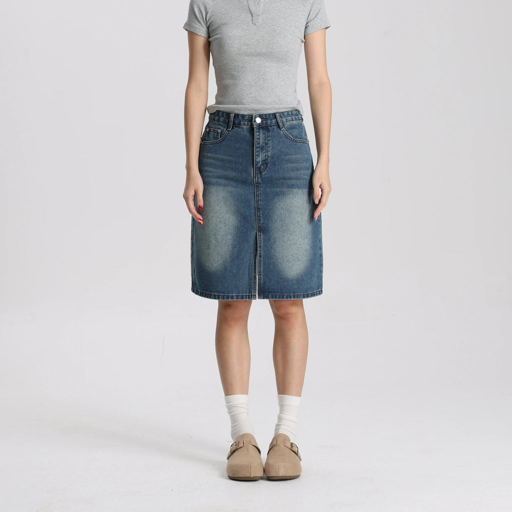 Women Medium Blue Denim A-Line Mini Skirt Mid Waist Casual Vintage Style High Quality Fashion Skirt