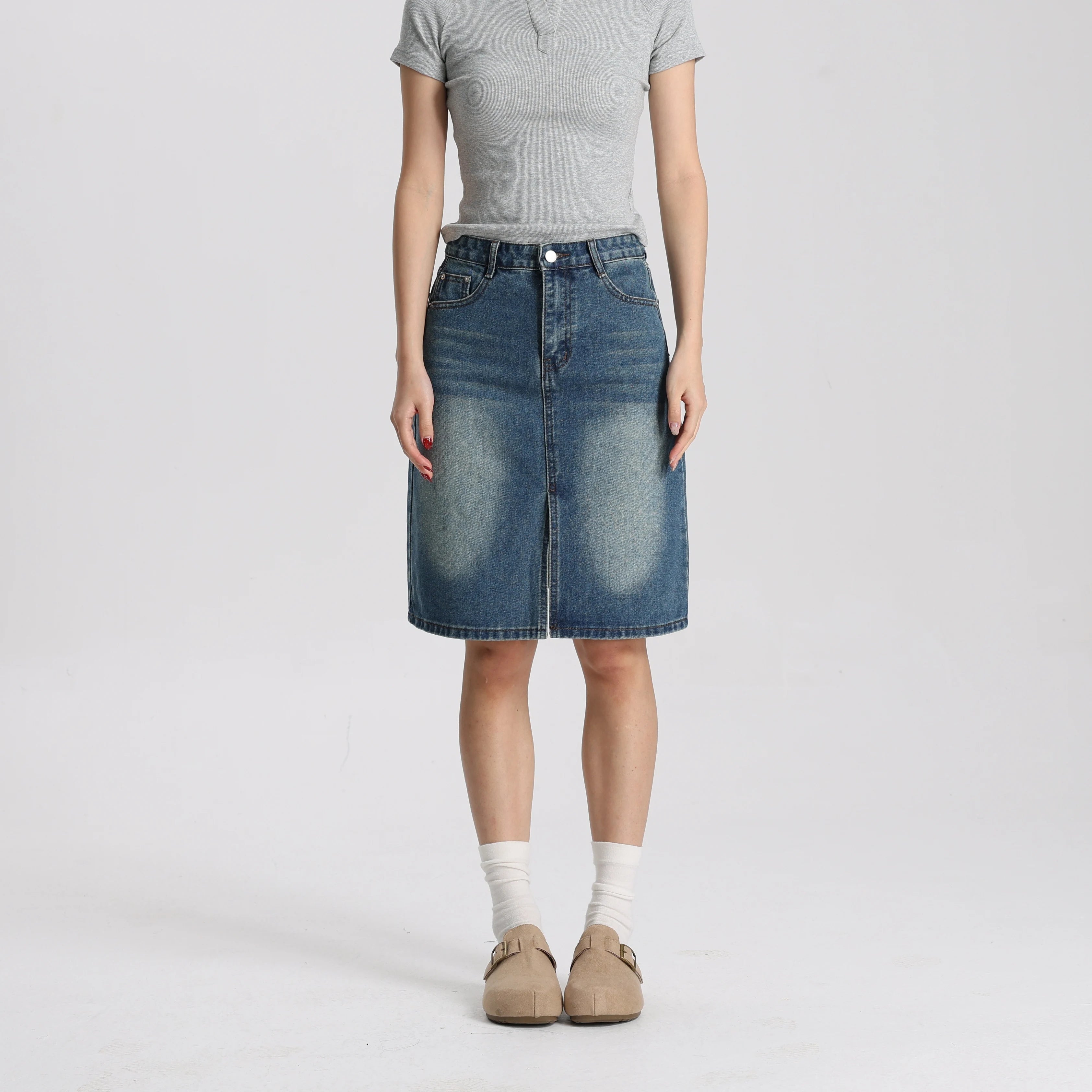 Women Medium Blue Denim A-Line Mini Skirt Mid Waist Casual Vintage Style High Quality Fashion Skirt