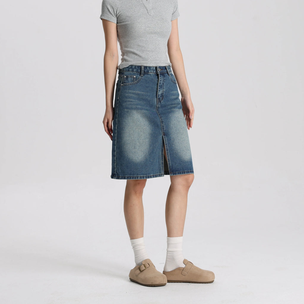 Women Medium Blue Denim A-Line Mini Skirt Mid Waist Casual Vintage Style High Quality Fashion Skirt