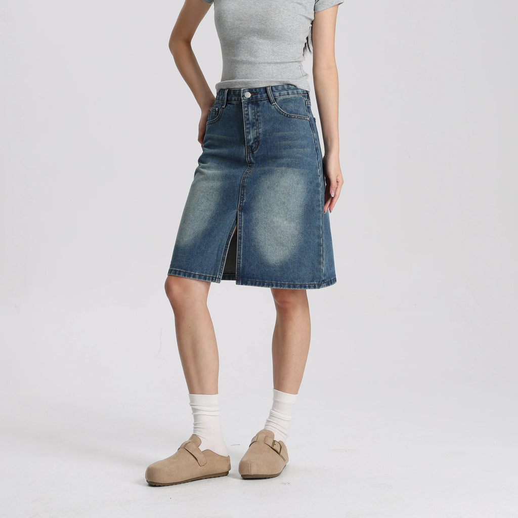 Women Medium Blue Denim A-Line Mini Skirt Mid Waist Casual Vintage Style High Quality Fashion Skirt