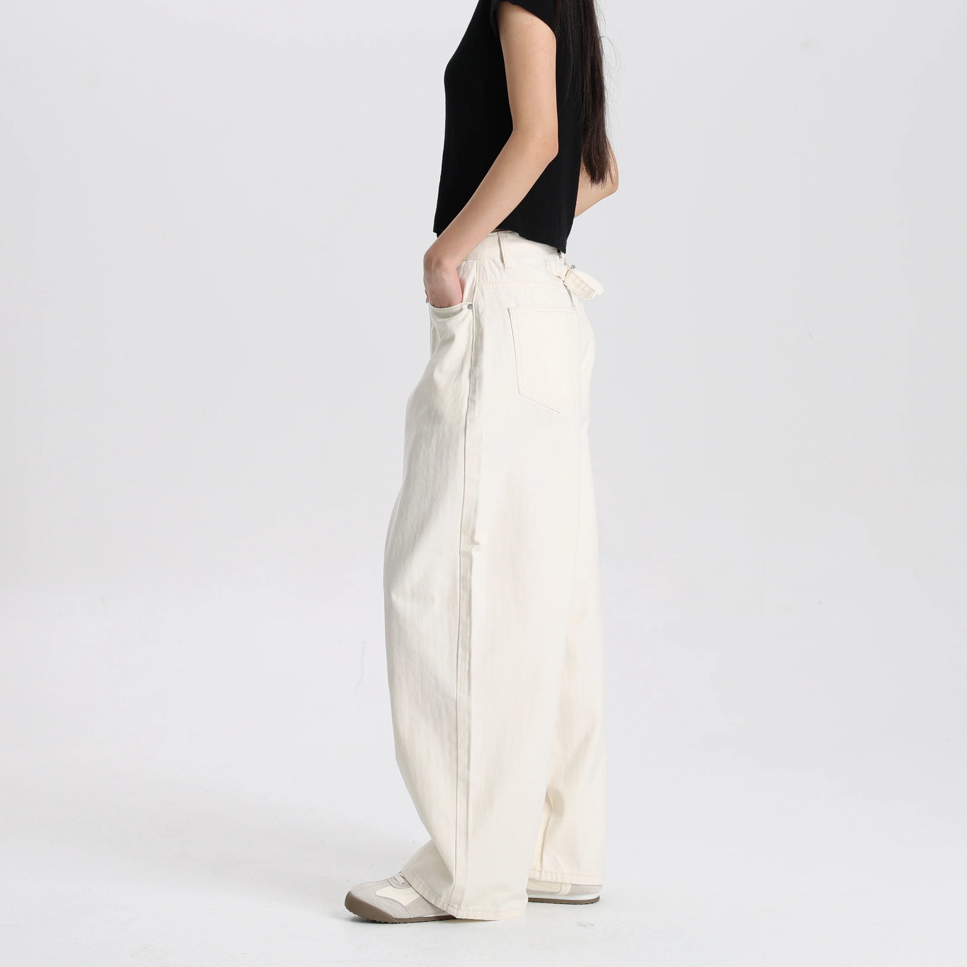 Women High Waist Barrel Pants Cotton Dyed Fabric Wide Leg Loose Casual Comfortable Vintage Style Ready Stock OEM