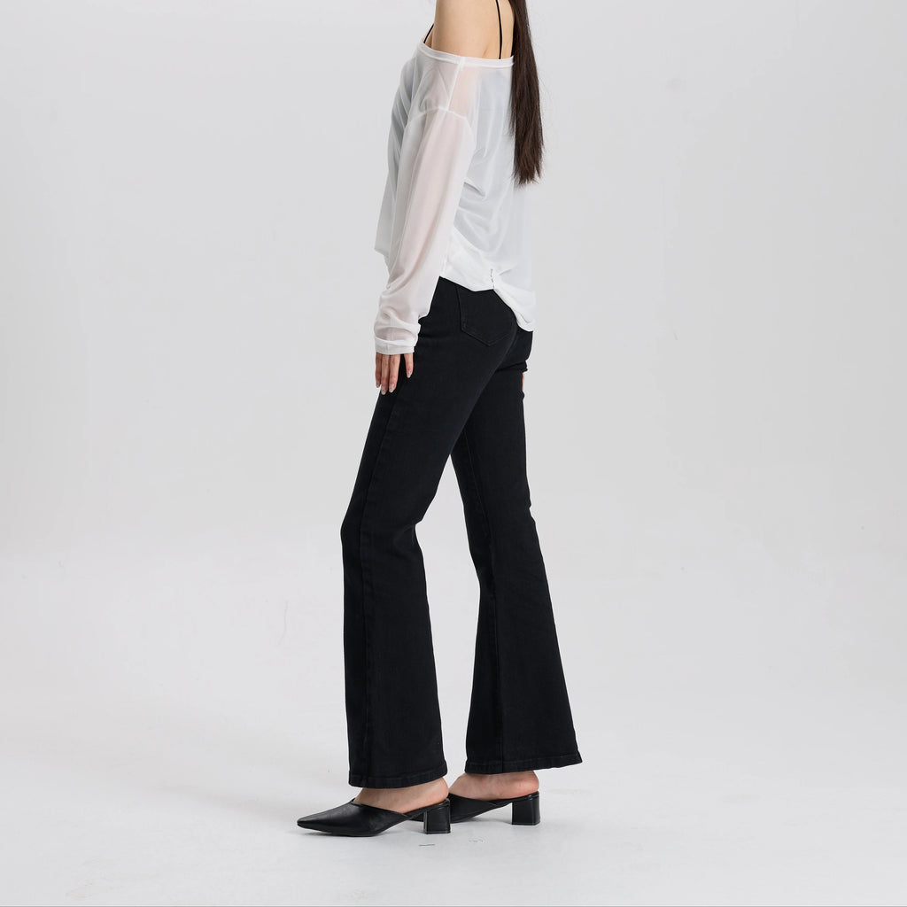 Women Black Stretch Flare Jeans High Waist Slim Fit Casual Vintage Comfortable Elastic Fabric Pants