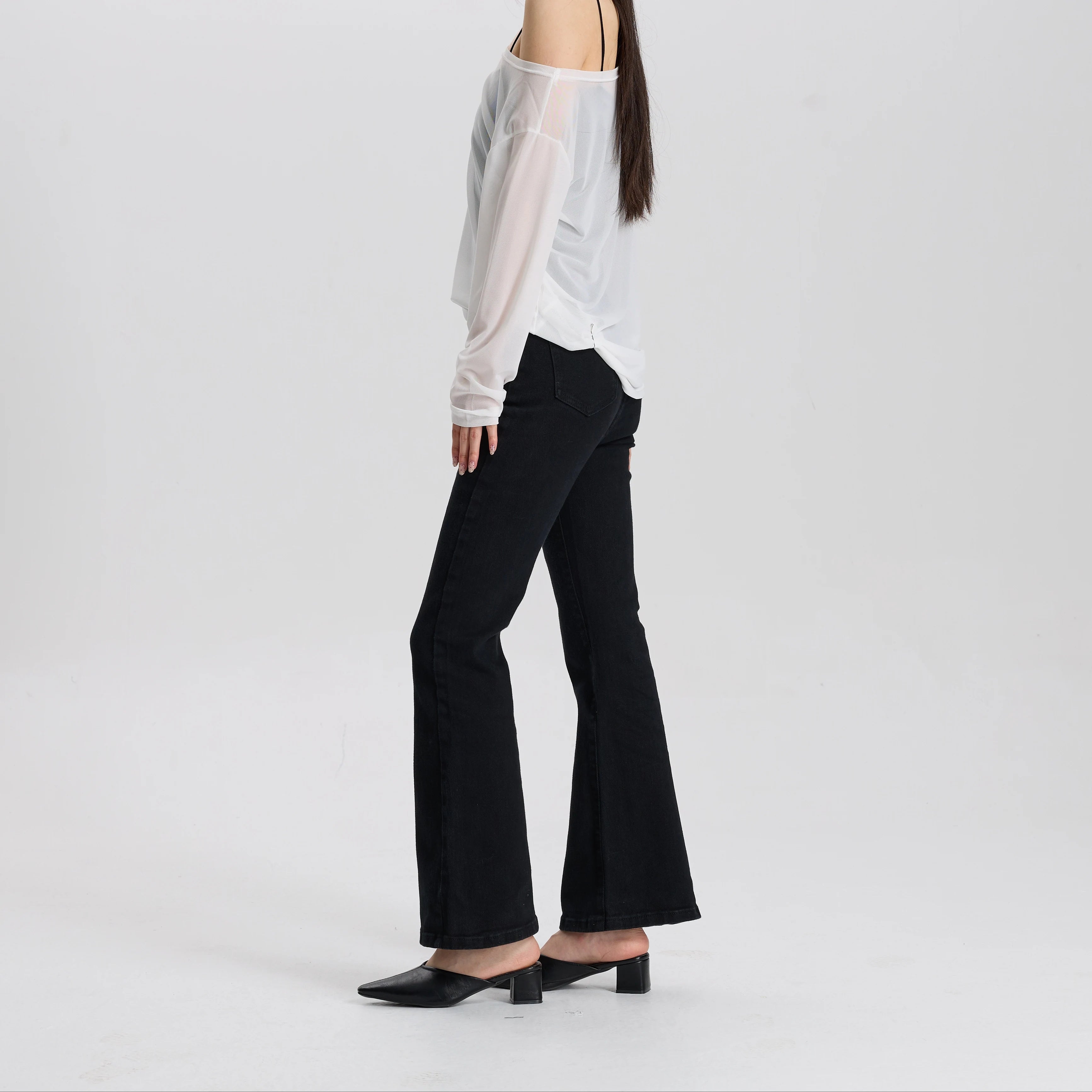 Women Black Stretch Flare Jeans High Waist Slim Fit Casual Vintage Comfortable Elastic Fabric Pants