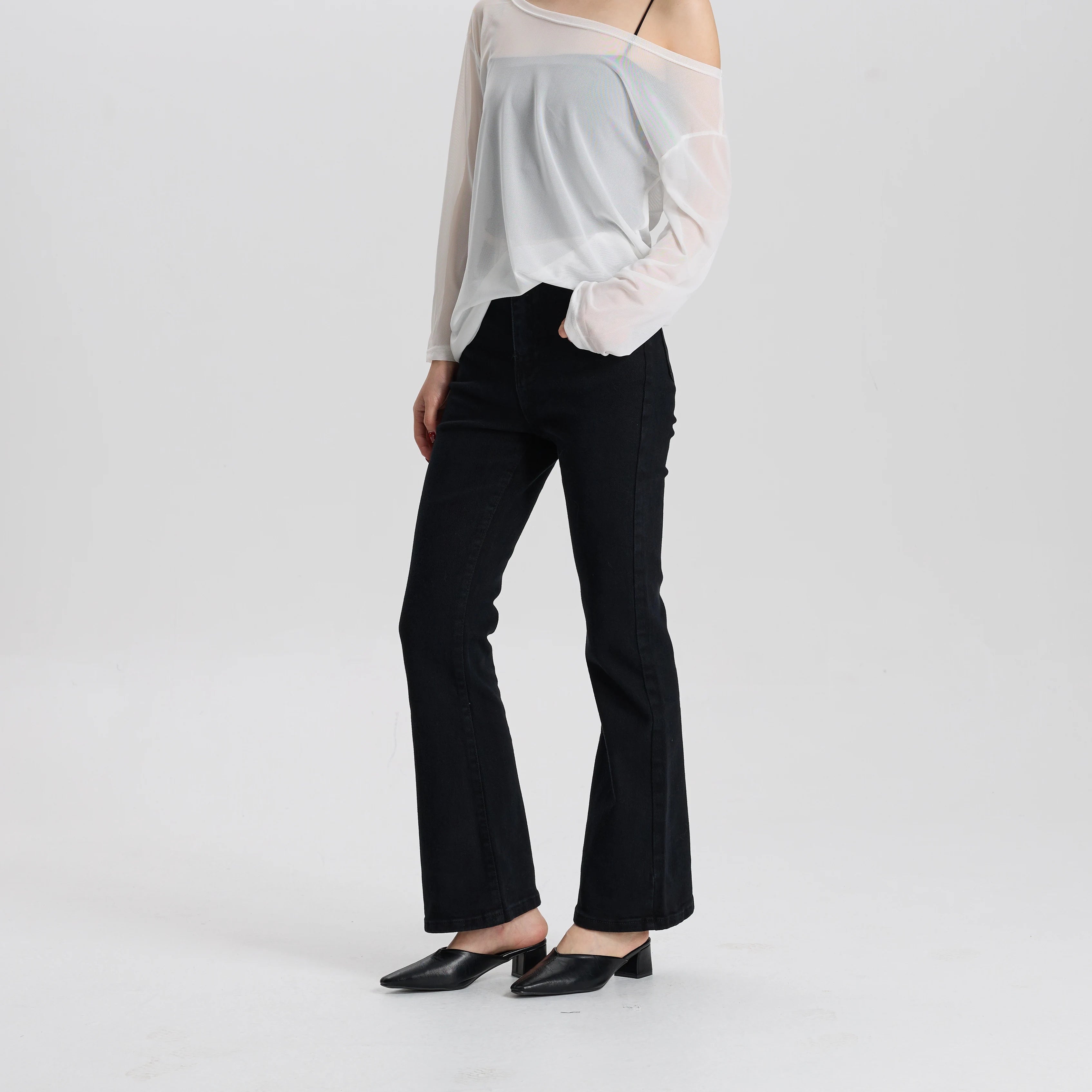 Women Black Stretch Flare Jeans High Waist Slim Fit Casual Vintage Comfortable Elastic Fabric Pants