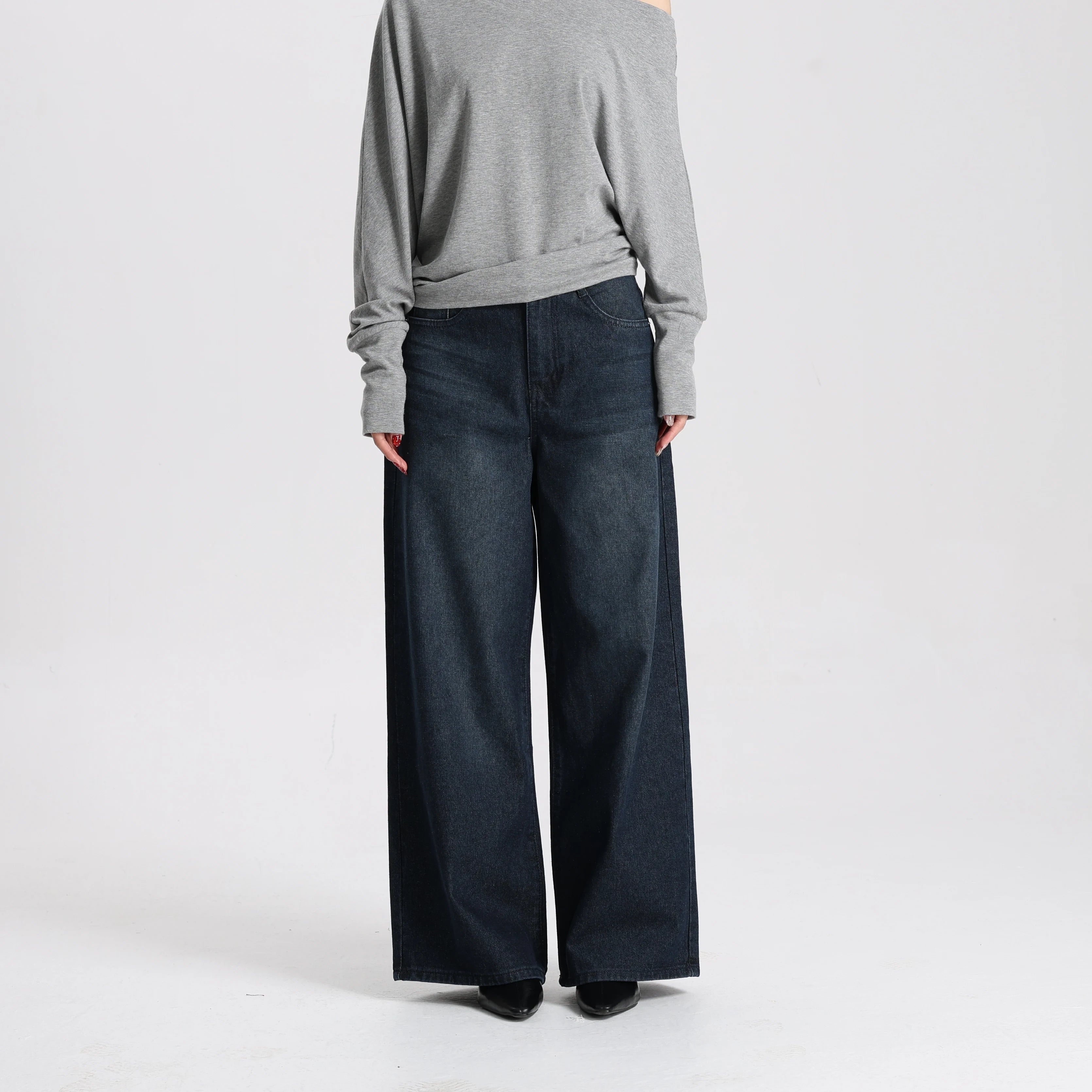 Women Vintage Style Denim Wide Leg Pants High Waist Loose Simple Casual Trousers Daily Wear