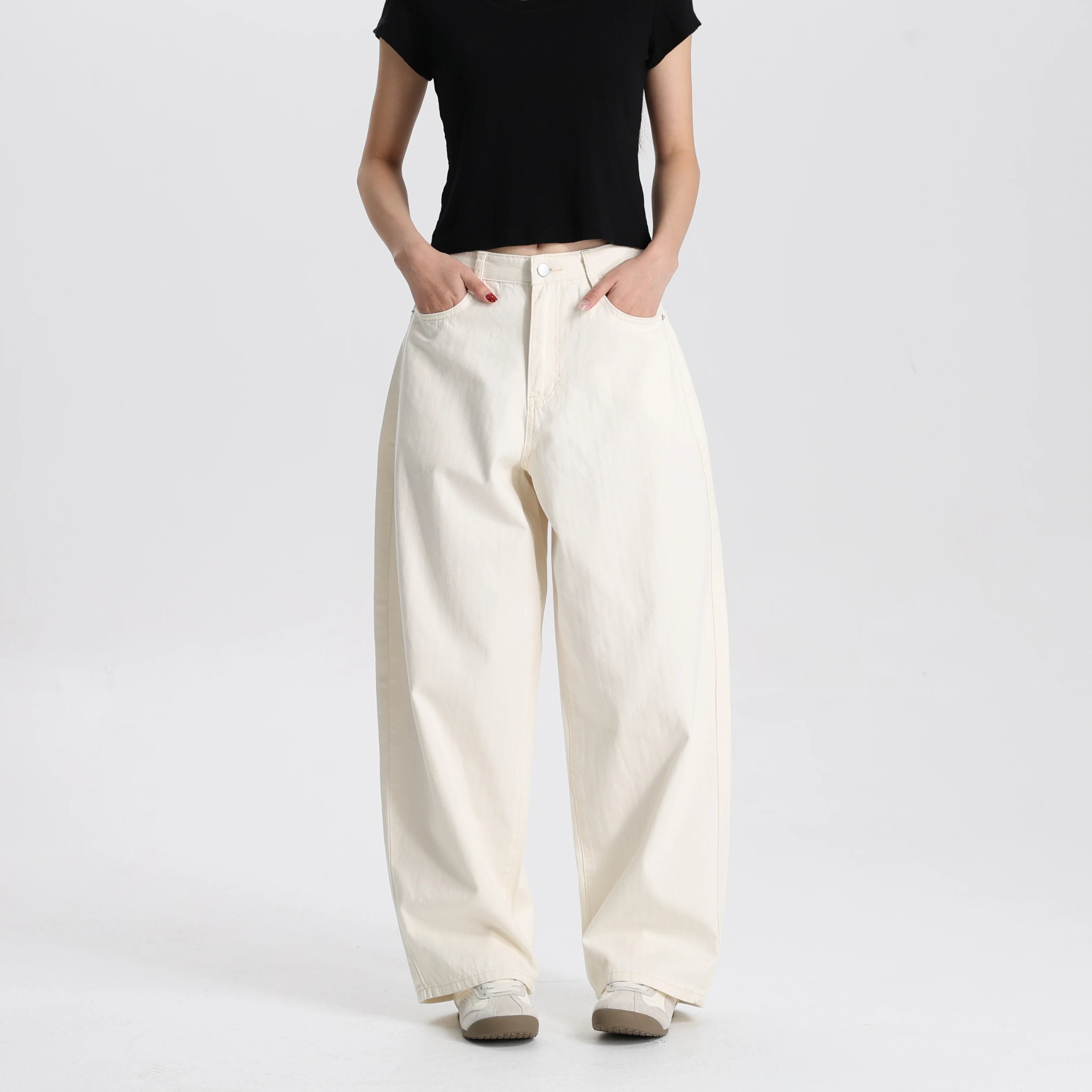Women High Waist Barrel Pants Cotton Dyed Fabric Wide Leg Loose Casual Comfortable Vintage Style Ready Stock OEM