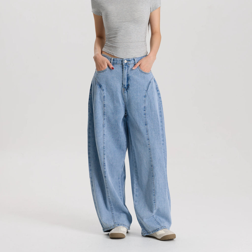 Women Light Blue Barrel Leg Denim Jeans Mid Rise Relaxed Fit Vintage Style Trendy Streetwear Pants