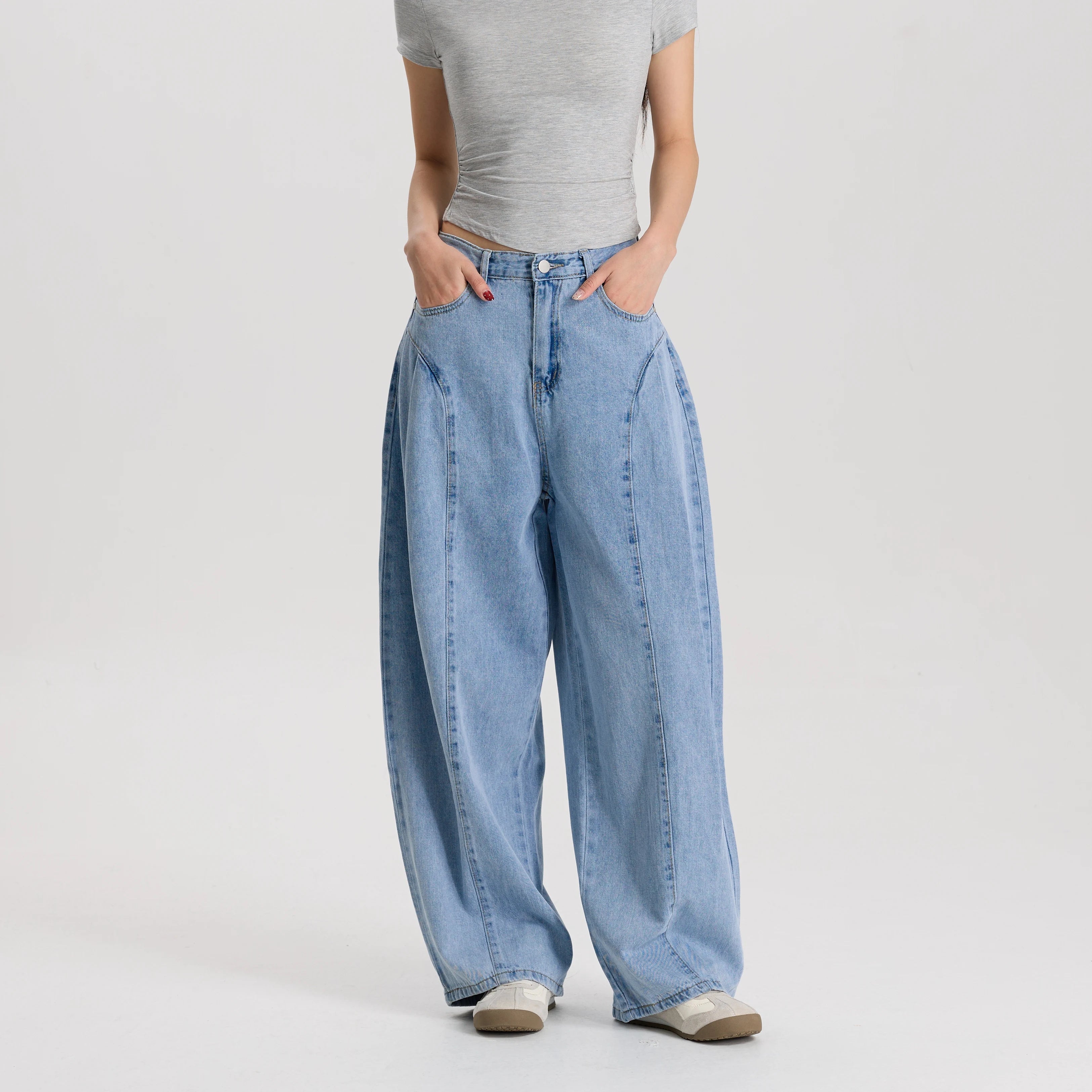 Women Light Blue Barrel Leg Denim Jeans Mid Rise Relaxed Fit Vintage Style Trendy Streetwear Pants