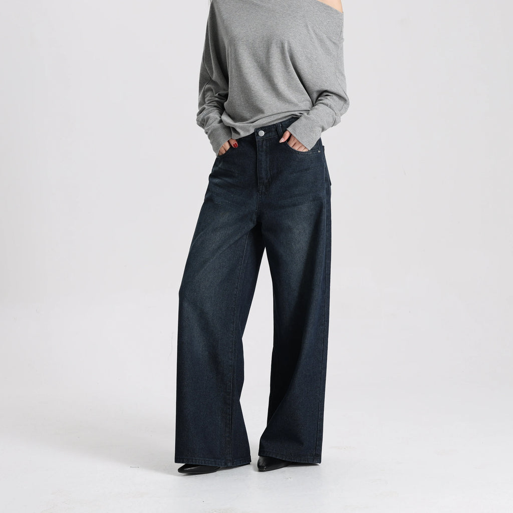 Women Vintage Style Denim Wide Leg Pants High Waist Loose Simple Casual Trousers Daily Wear