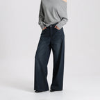 Women Vintage Style Denim Wide Leg Pants High Waist Loose Simple Casual Trousers Daily Wear