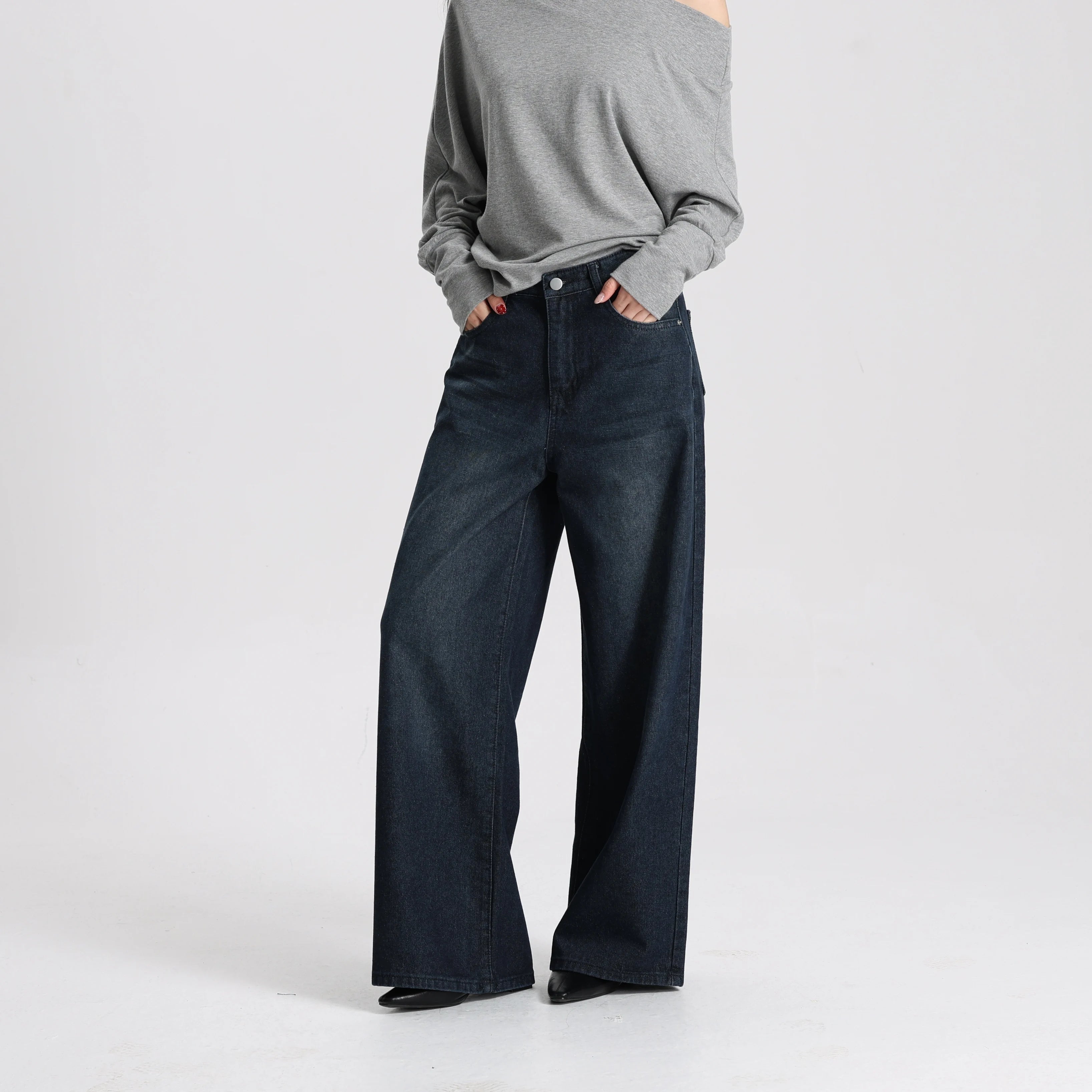 Women Vintage Style Denim Wide Leg Pants High Waist Loose Simple Casual Trousers Daily Wear
