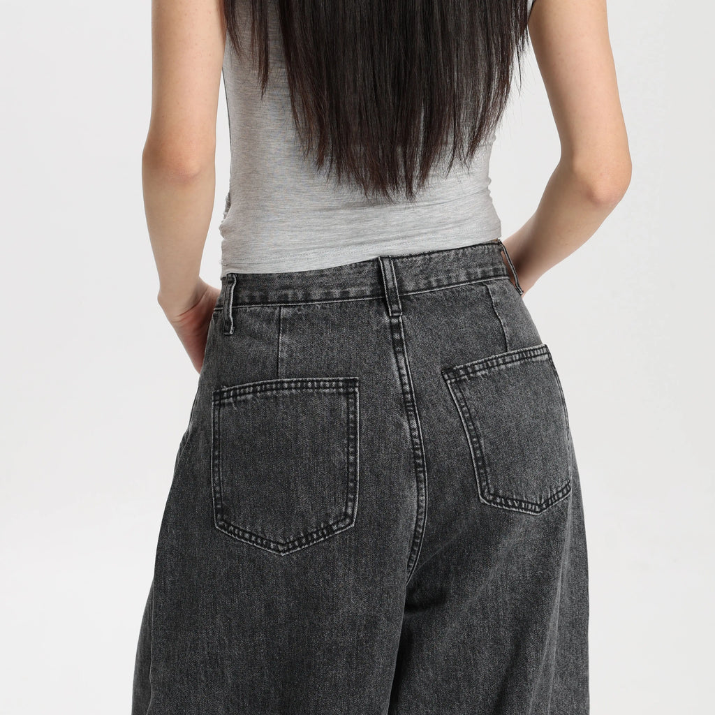 Women Vintage Washed Black Denim Pants Barrel Leg Mid Rise Relaxed Fit Trendy Street Style Jeans High Quality