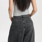 Women Vintage Washed Black Denim Pants Barrel Leg Mid Rise Relaxed Fit Trendy Street Style Jeans High Quality