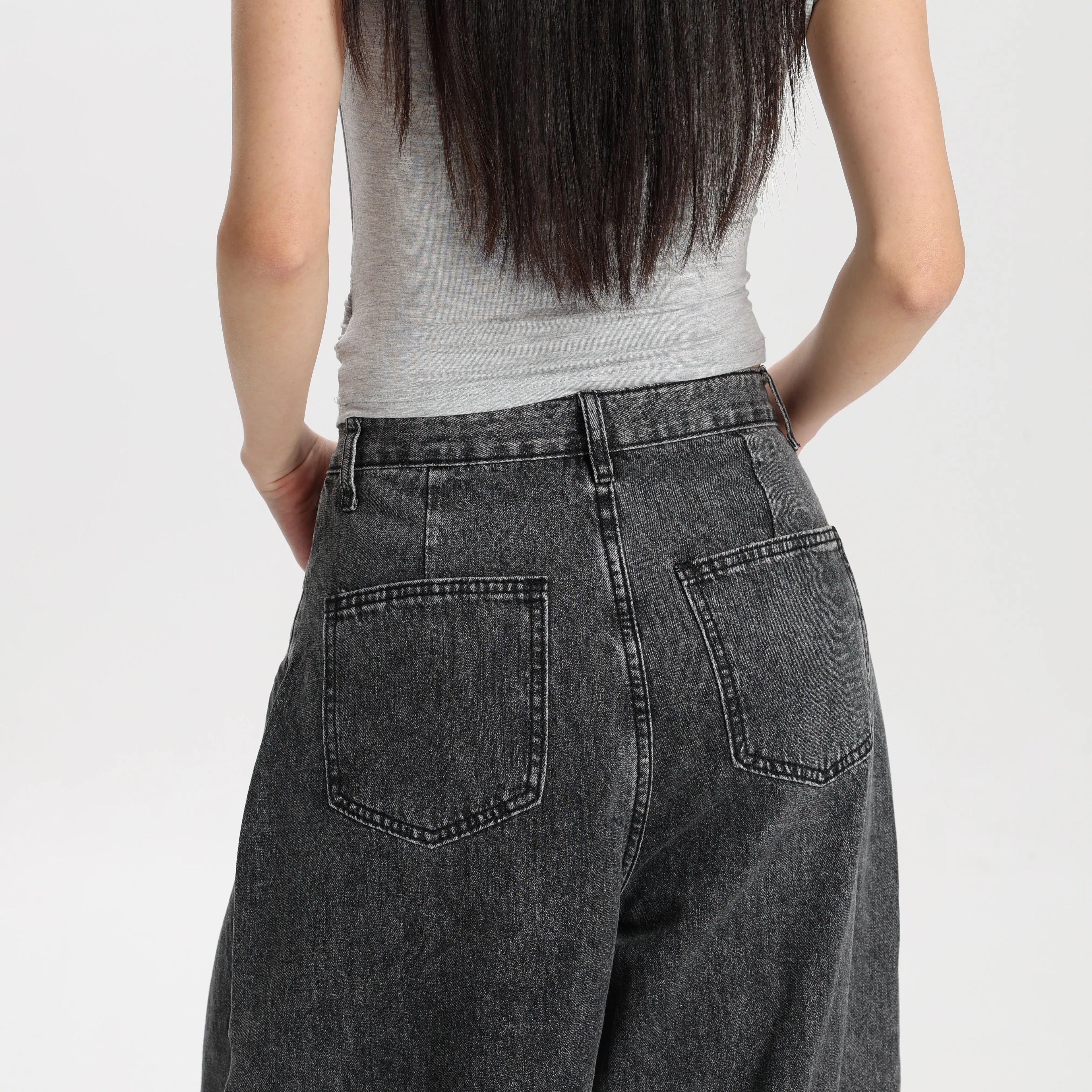 Women Vintage Washed Black Denim Pants Barrel Leg Mid Rise Relaxed Fit Trendy Street Style Jeans High Quality