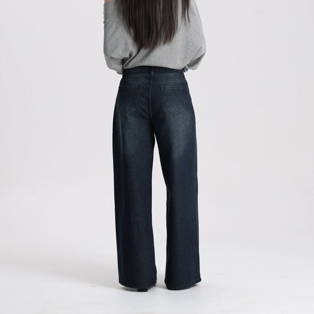 Women Vintage Style Denim Wide Leg Pants High Waist Loose Simple Casual Trousers Daily Wear