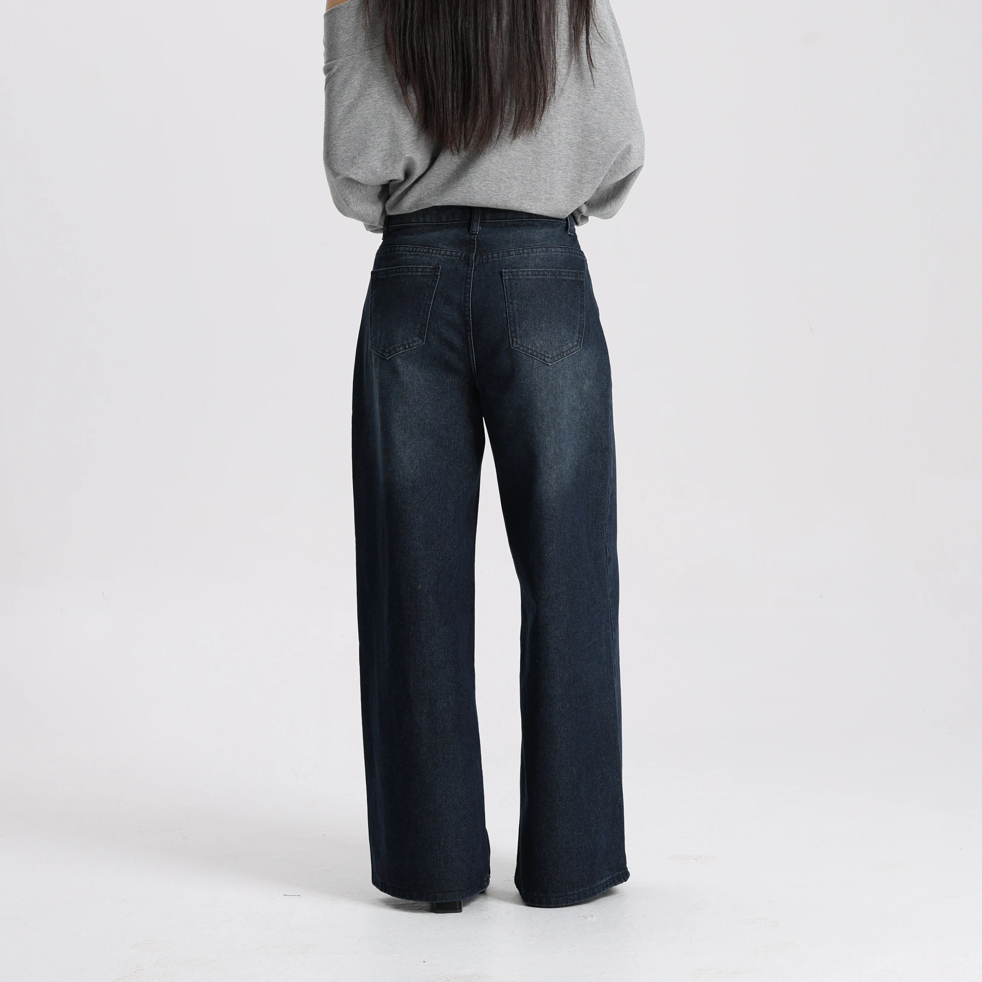 Women Vintage Style Denim Wide Leg Pants High Waist Loose Simple Casual Trousers Daily Wear