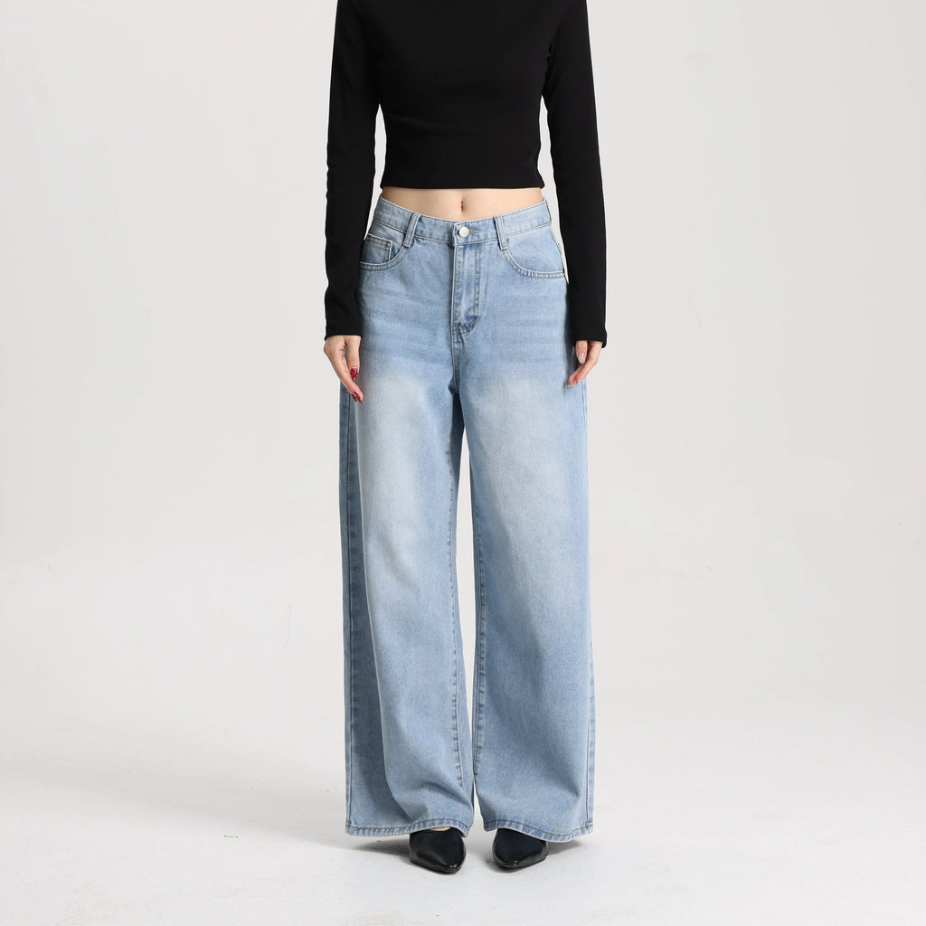 High Quality Vintage Women Wide Leg Denim Pants High Waist Loose Fit Casual Jeans Breathable Daily Wear Denim Blue Washed Blue