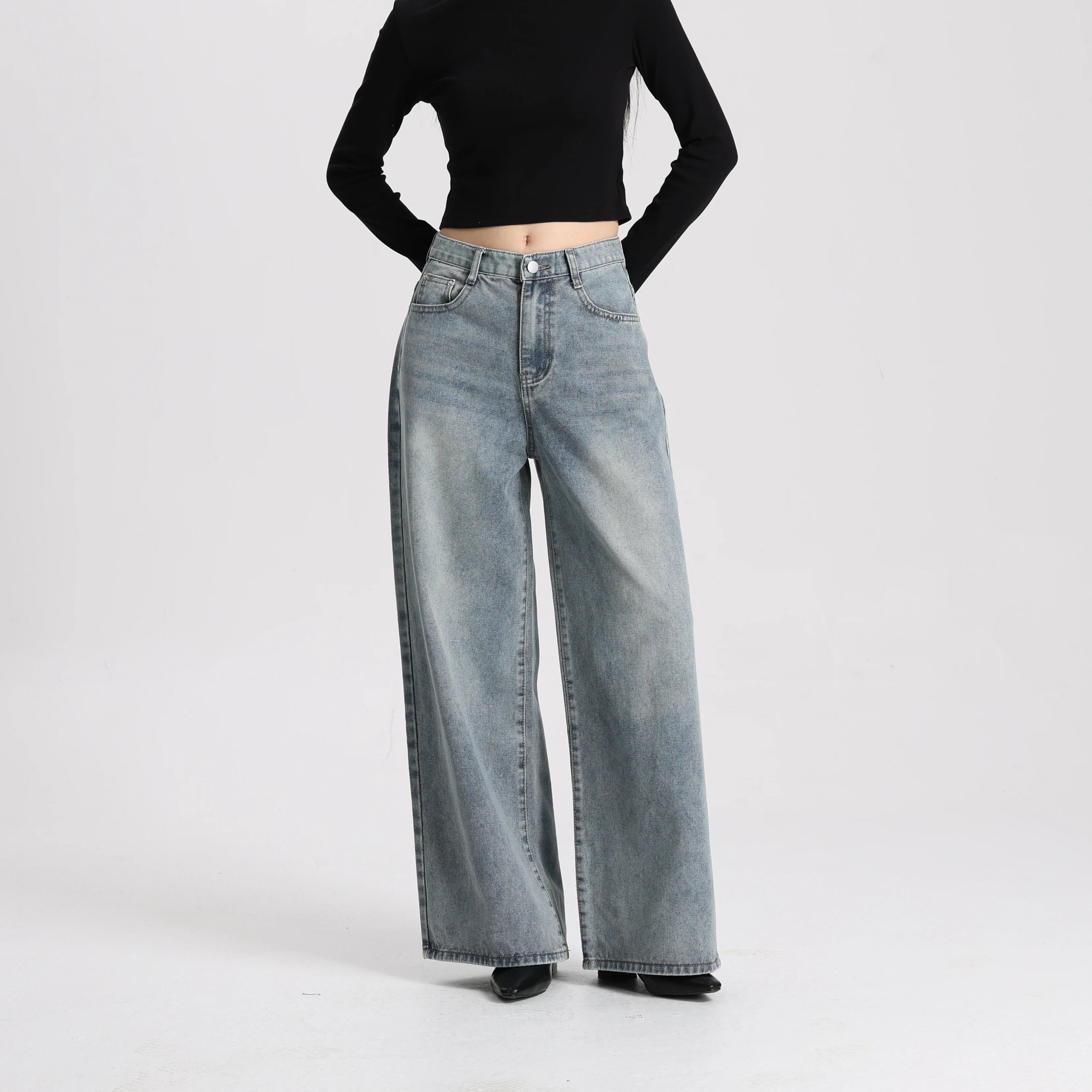 High Quality Women High Rise Loose Fit Wide Leg Casual Vintage Style Trousers Daily Wear