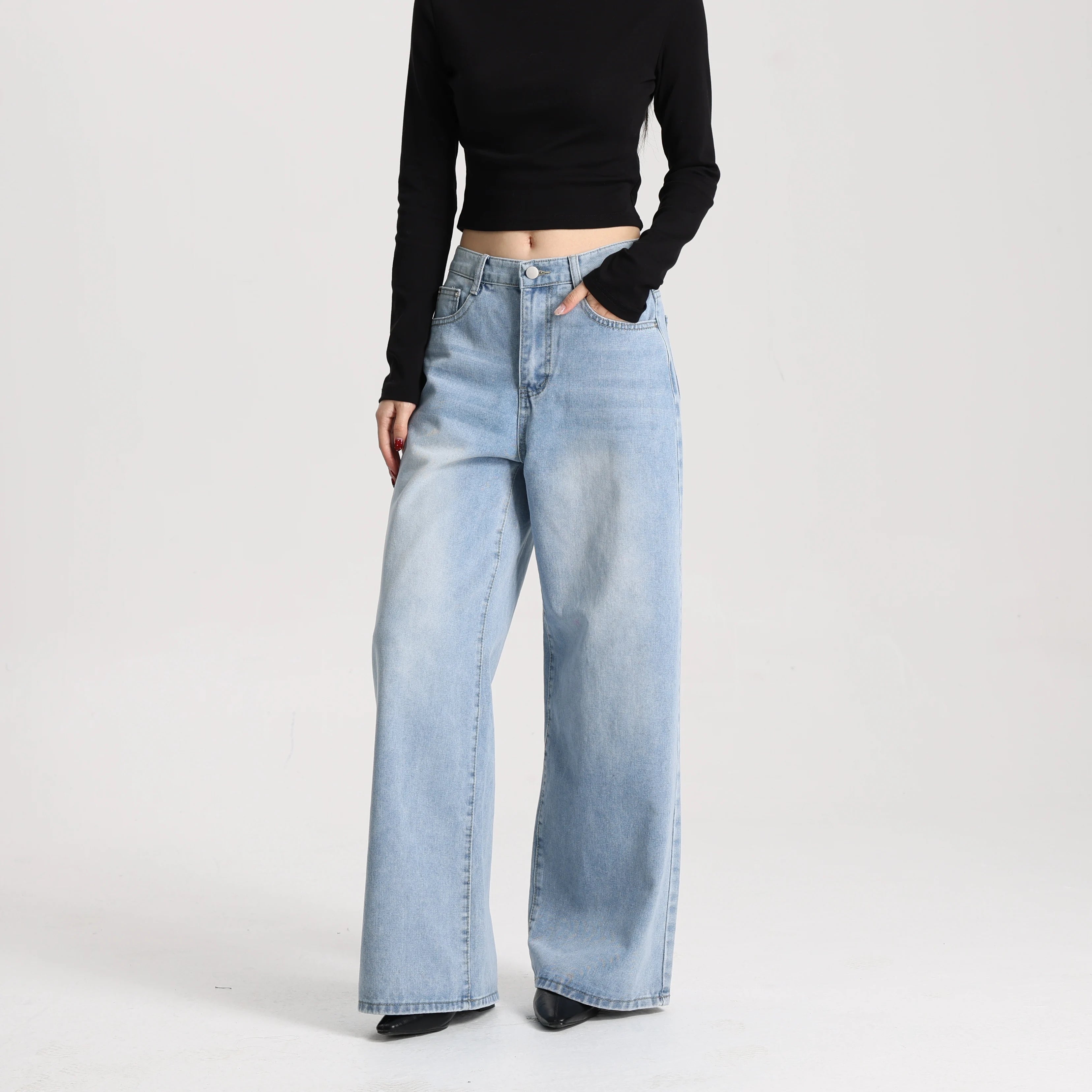 High Quality Vintage Women Wide Leg Denim Pants High Waist Loose Fit Casual Jeans Breathable Daily Wear Denim Blue Washed Blue